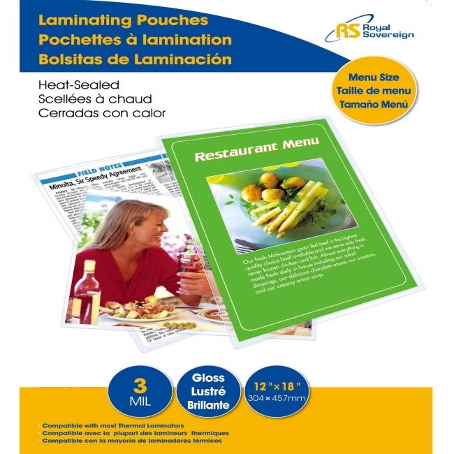 Royal Sovereign RF03MENU0100 12" x 18" Menu Size Thermal Laminating Pouches, 3mil - 100 Pack