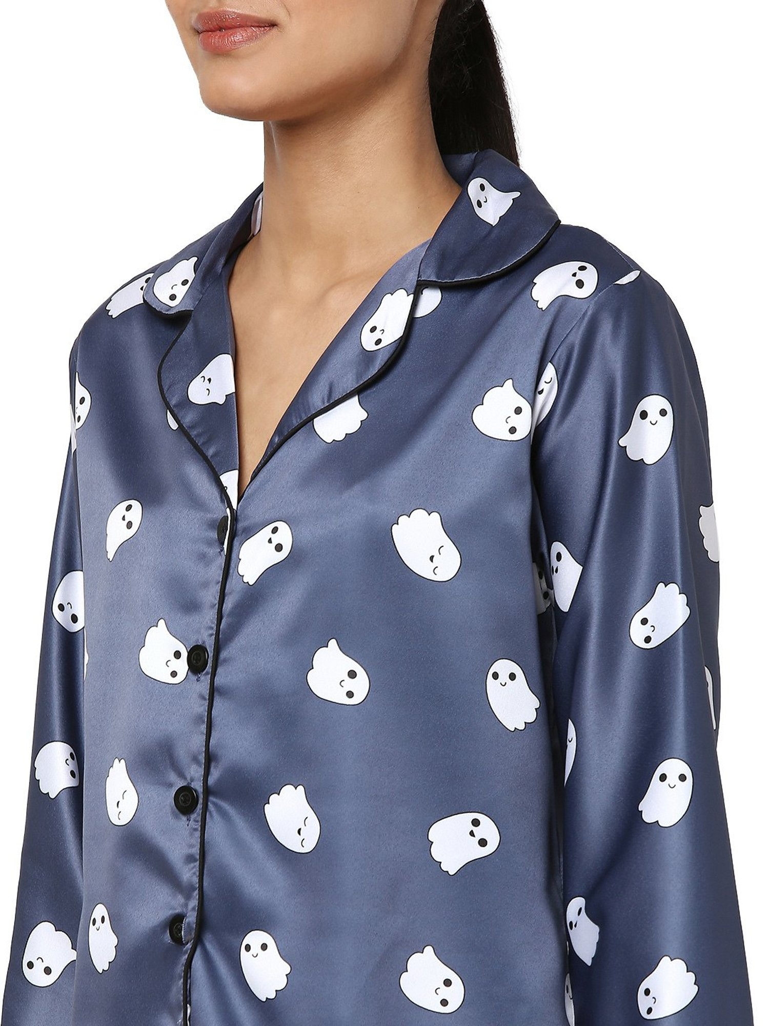 Smarty Pants Navy Satin Print Shirt With Pyjamas