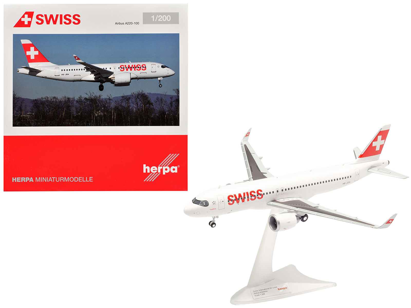 Airbus A220-100 Commercial Aircraft "Swiss International Air Lines" (HB-JBH) White with Red Tail 1/200 Diecast Model Airplane by Herpa