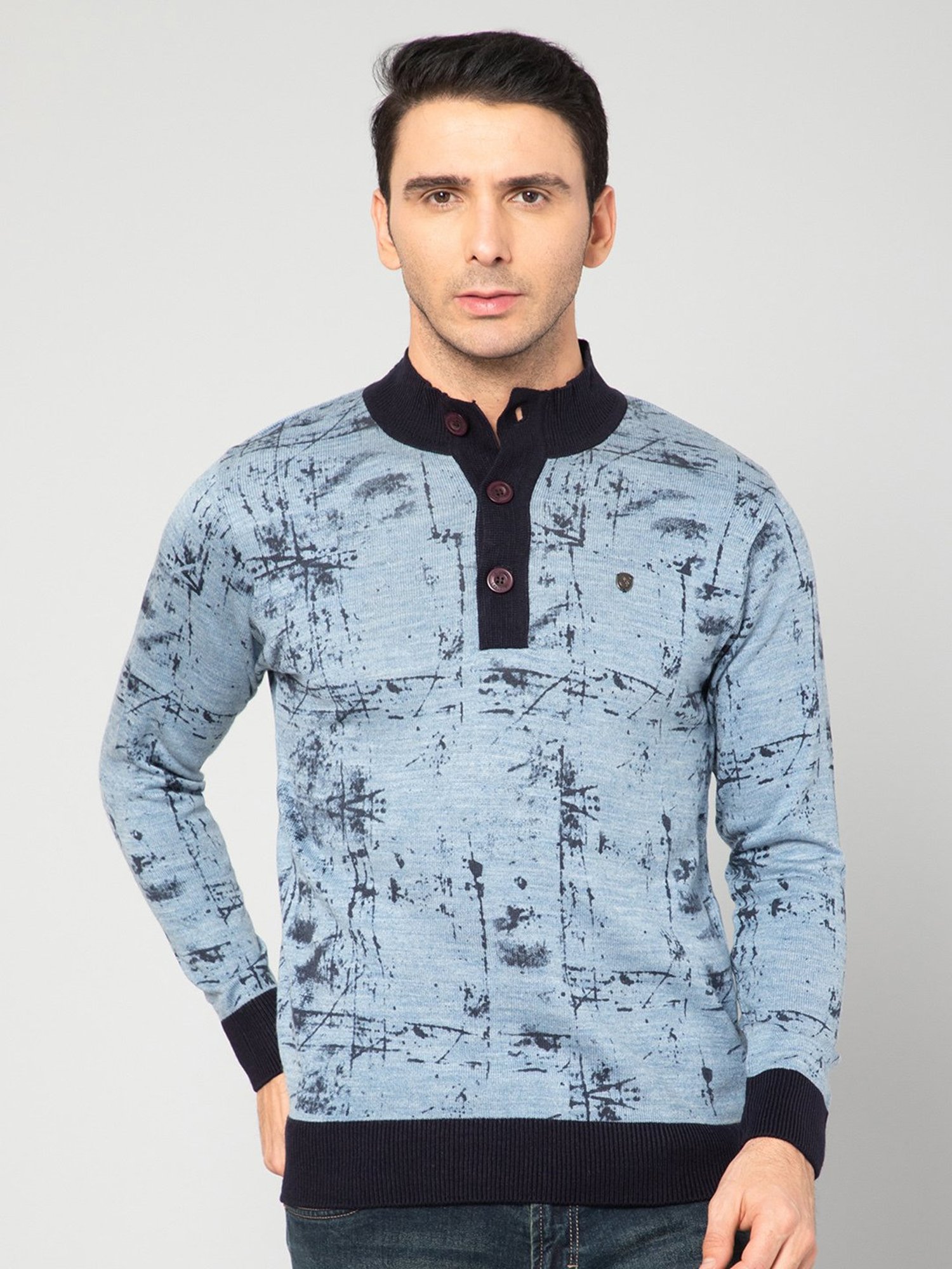 Cantabil Sky Blue Regular Fit Printed Sweater