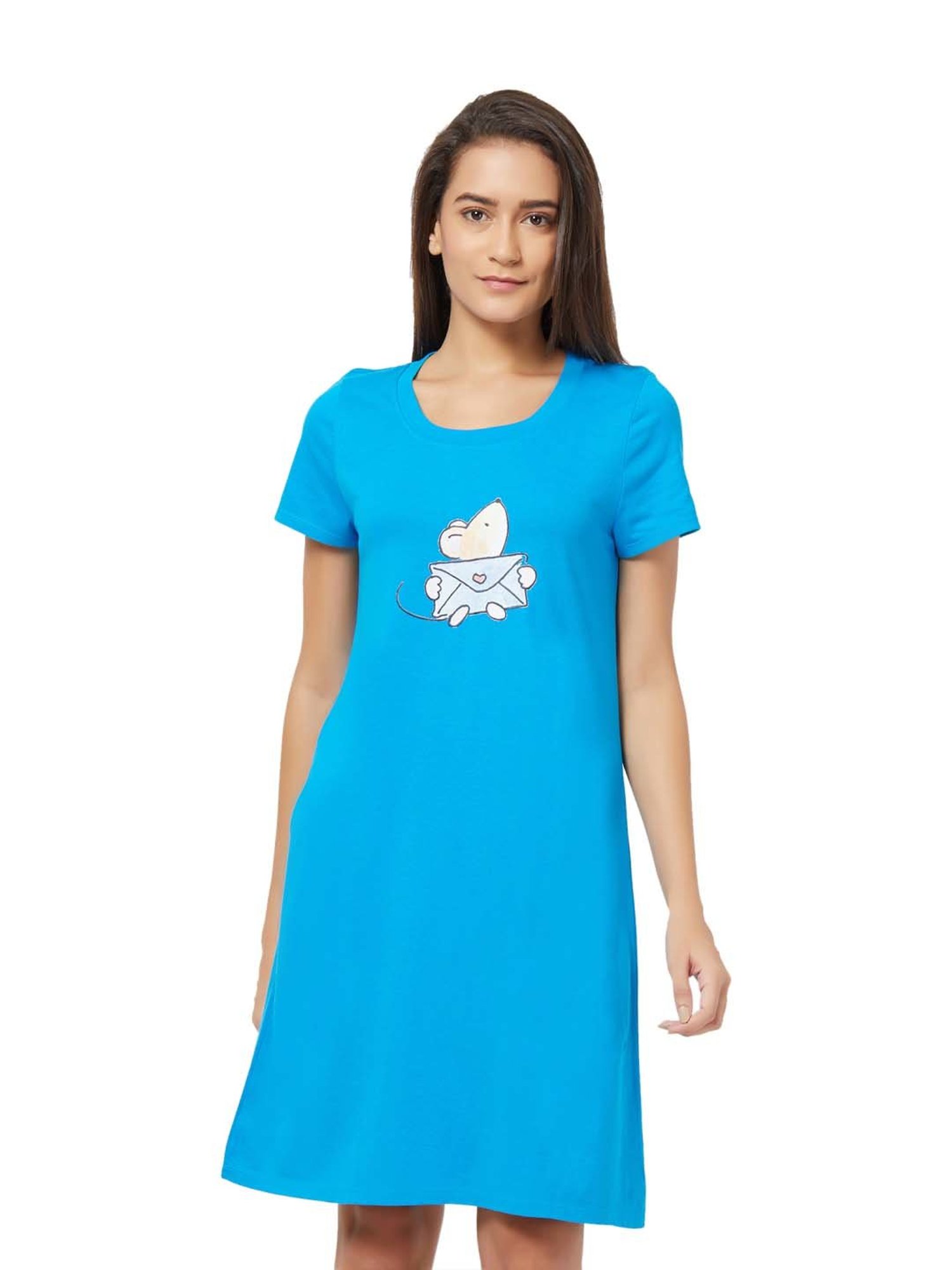Soie Blue Cotton Printed Sleep T-Shirt