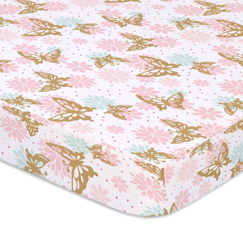 The Peanutshell Playard Sheets - Pink and Gold Butterfly/Pink Ditsy Floral 2pk