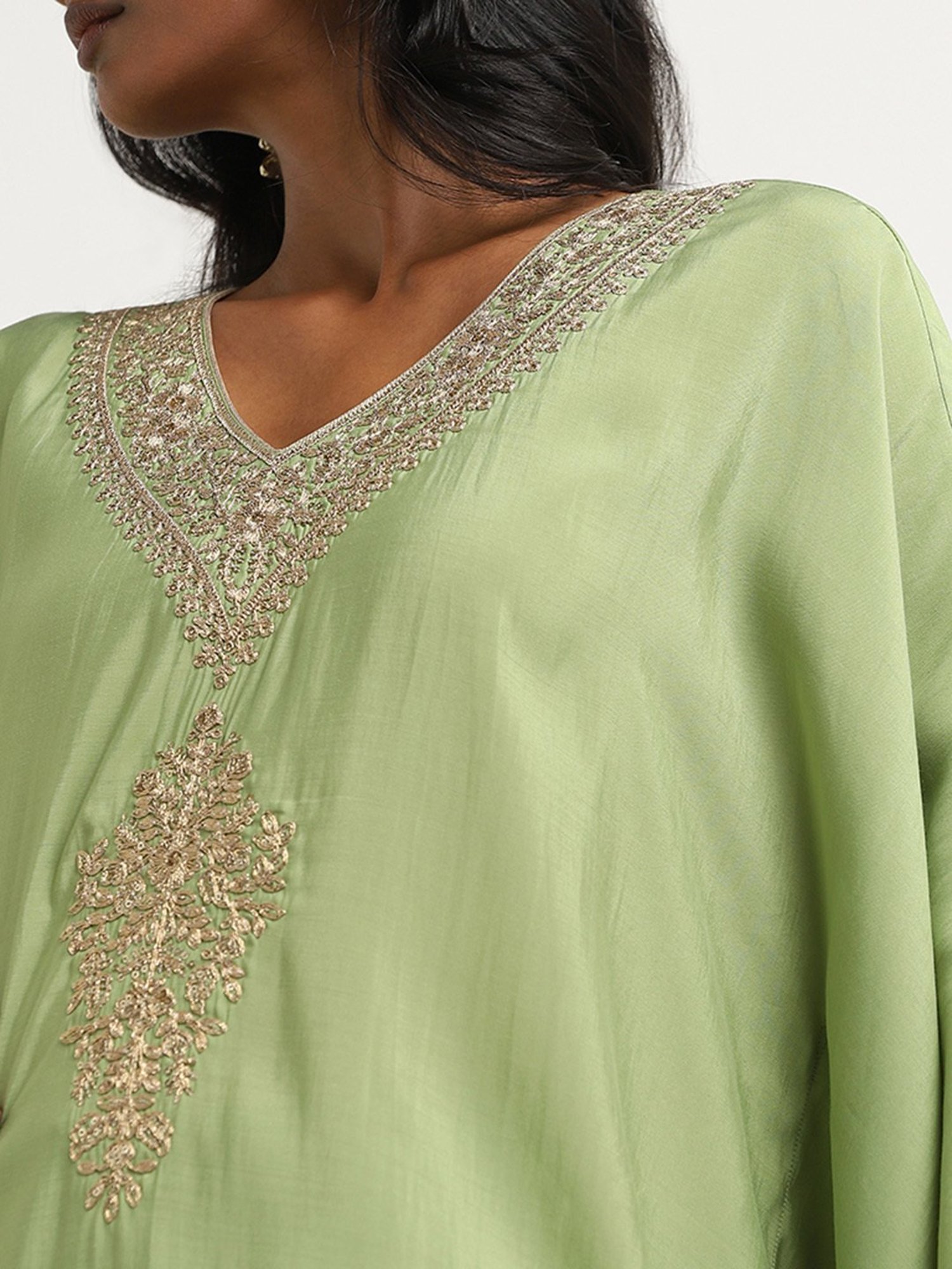 Vark by Westside Green Embellished Kaftan with Mid-Rise Palazzos Set