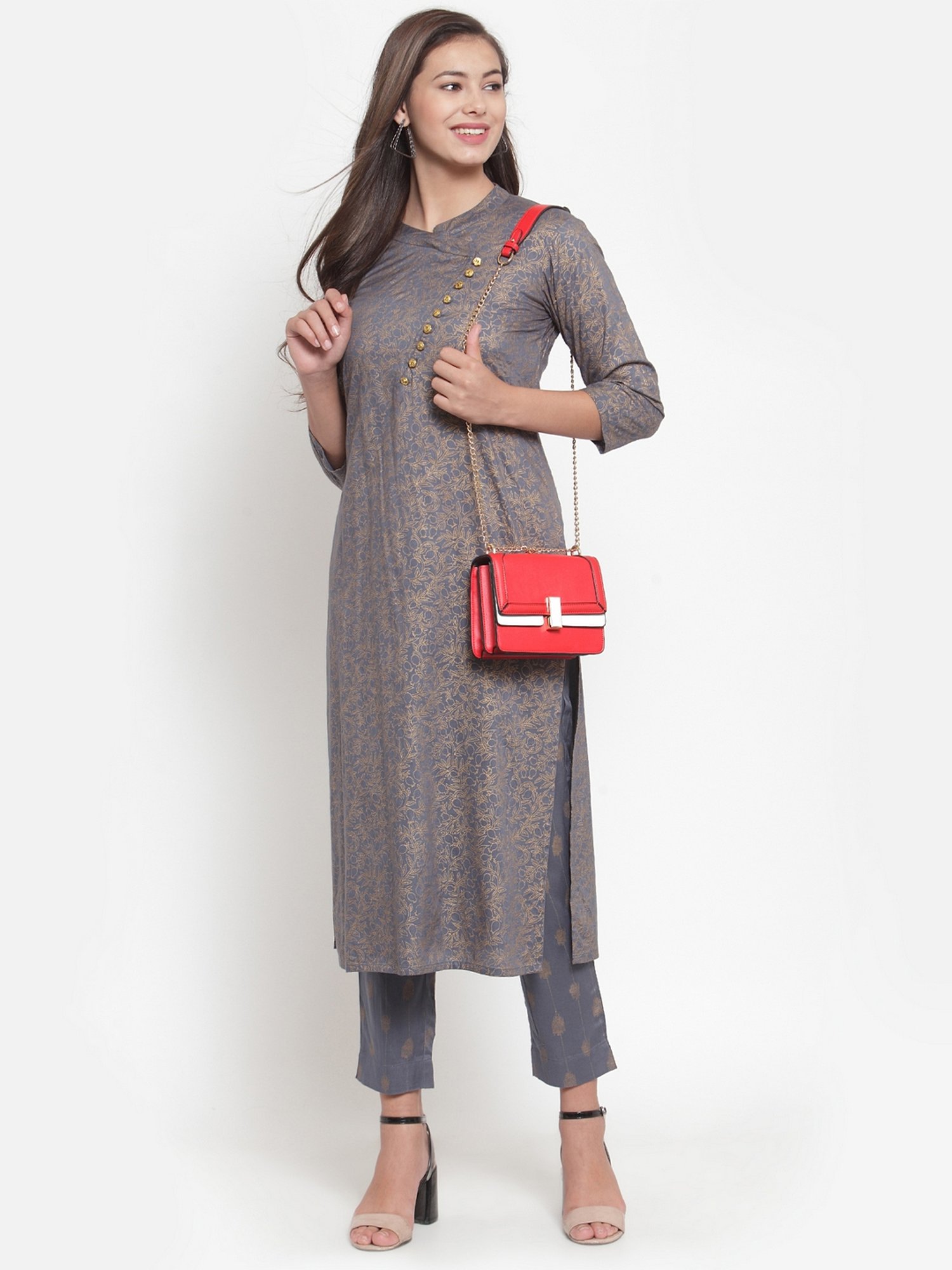Indibelle Grey Printed Straight Kurta