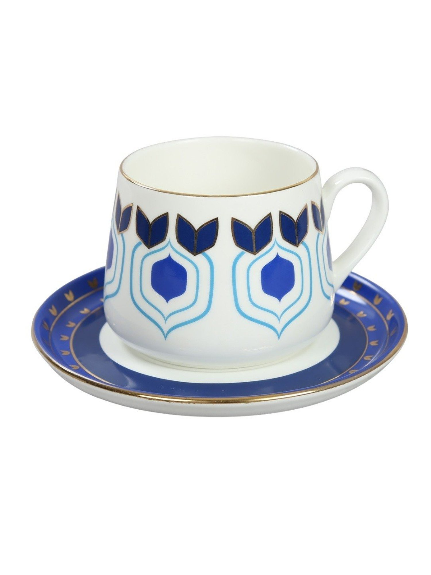 India Circus Floral Blue Bone China Cup Saucer (Set of 8)