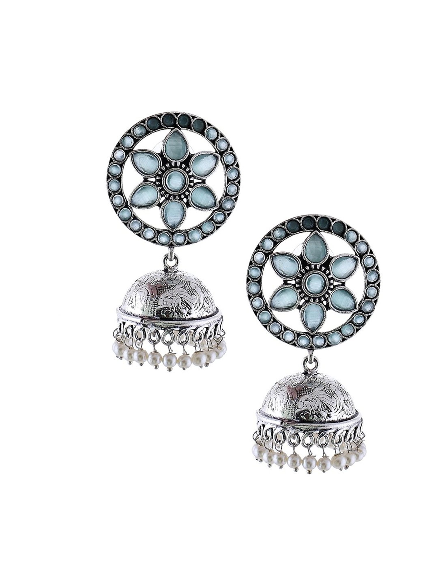 Imli Street Green-White Silver Tone Stone-Studded Handcrafted Jhumki Earrings