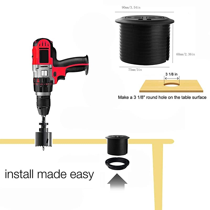 Power Grommet with USBRecessed Power Socket with 2 AC Outlets and 4 USB Charging Ports Desk Grommet Outlet 3 18in Holefor Kitchen TableConference Room Outlet