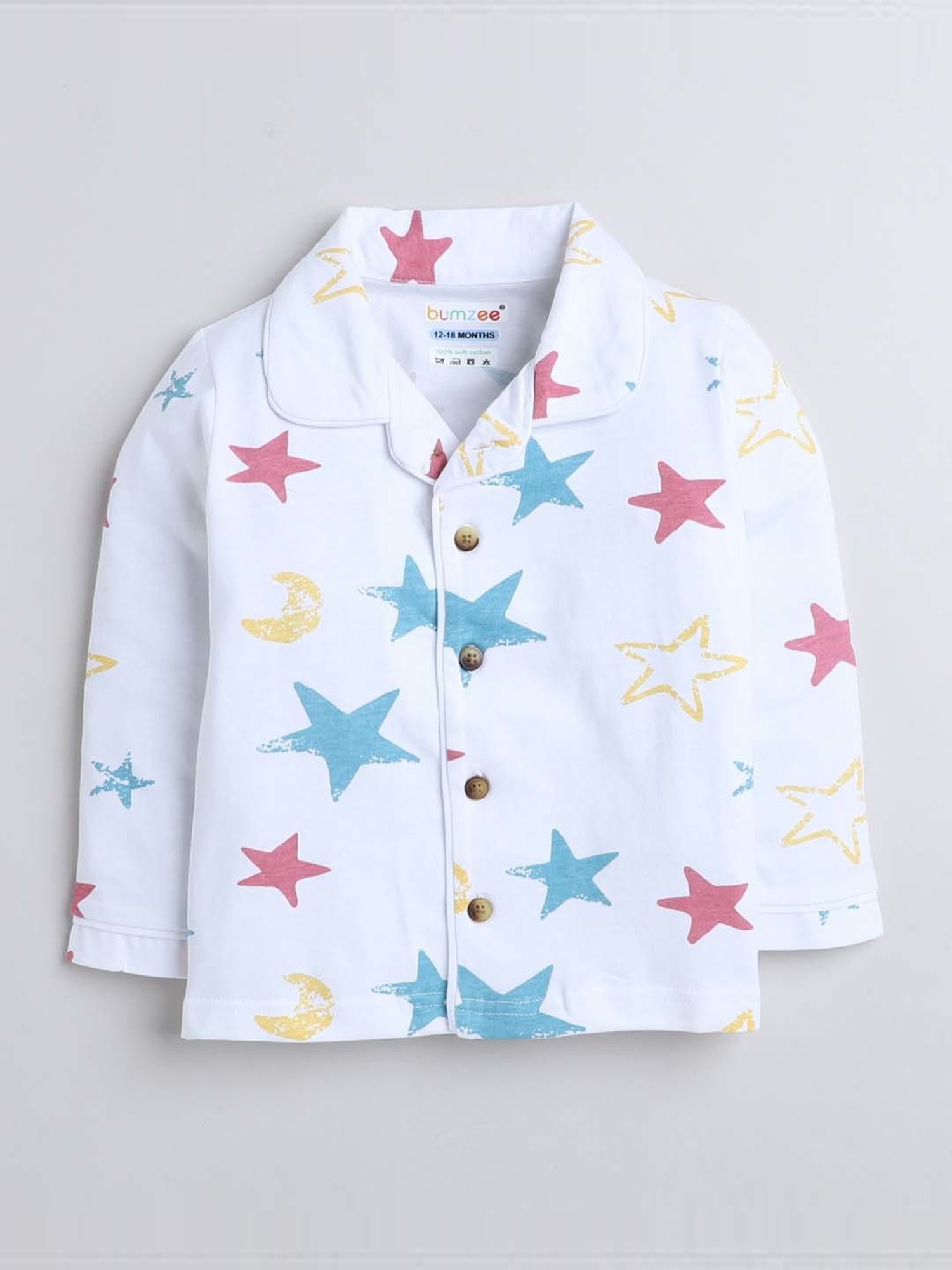 Bumzee Boys White & Blue Cotton Printed Full Sleeves Shirt Set