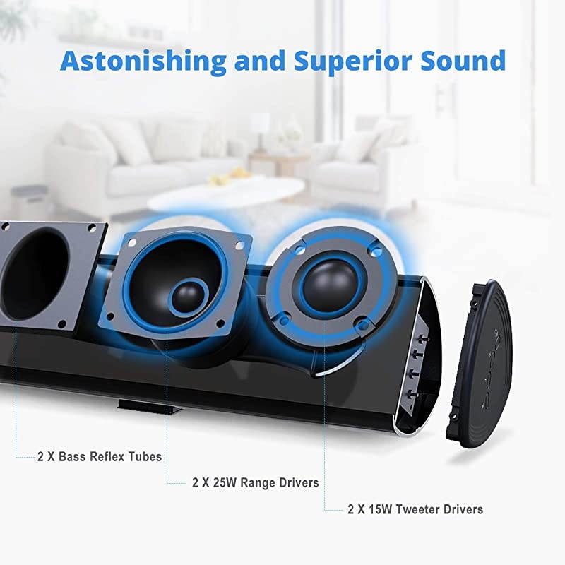 Watt Soundbar, BESTISAN Sound Bars for TV of Home Theater System (Bluetooth 5.0, 34 inch, DSP, Strong Bass, Wireless Wired Connections, Bass Adjustable, Wall Mountable)