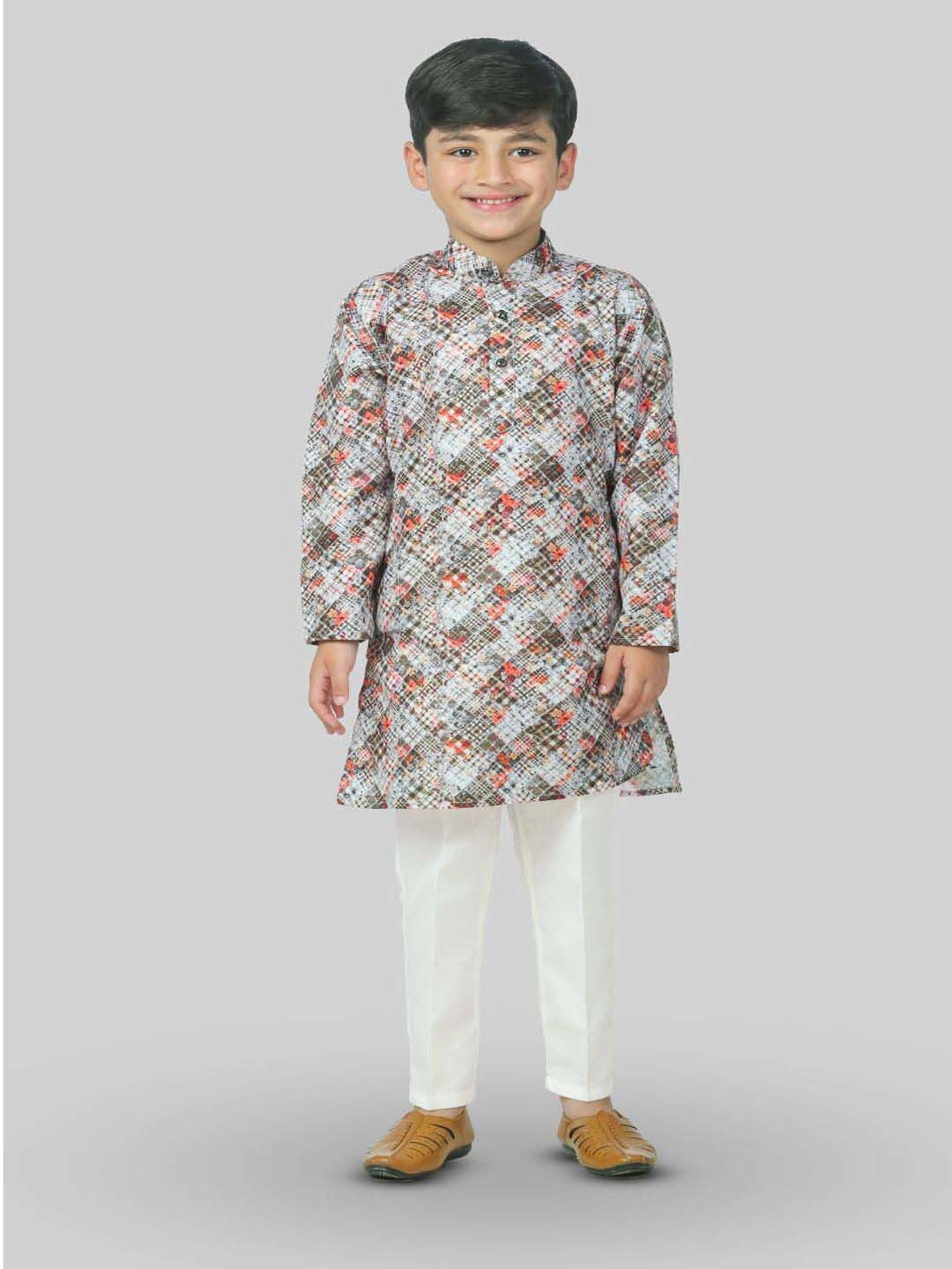 Ahhaaaa Kids Grey & White Cotton Handloom Full Sleeves Kurta Set