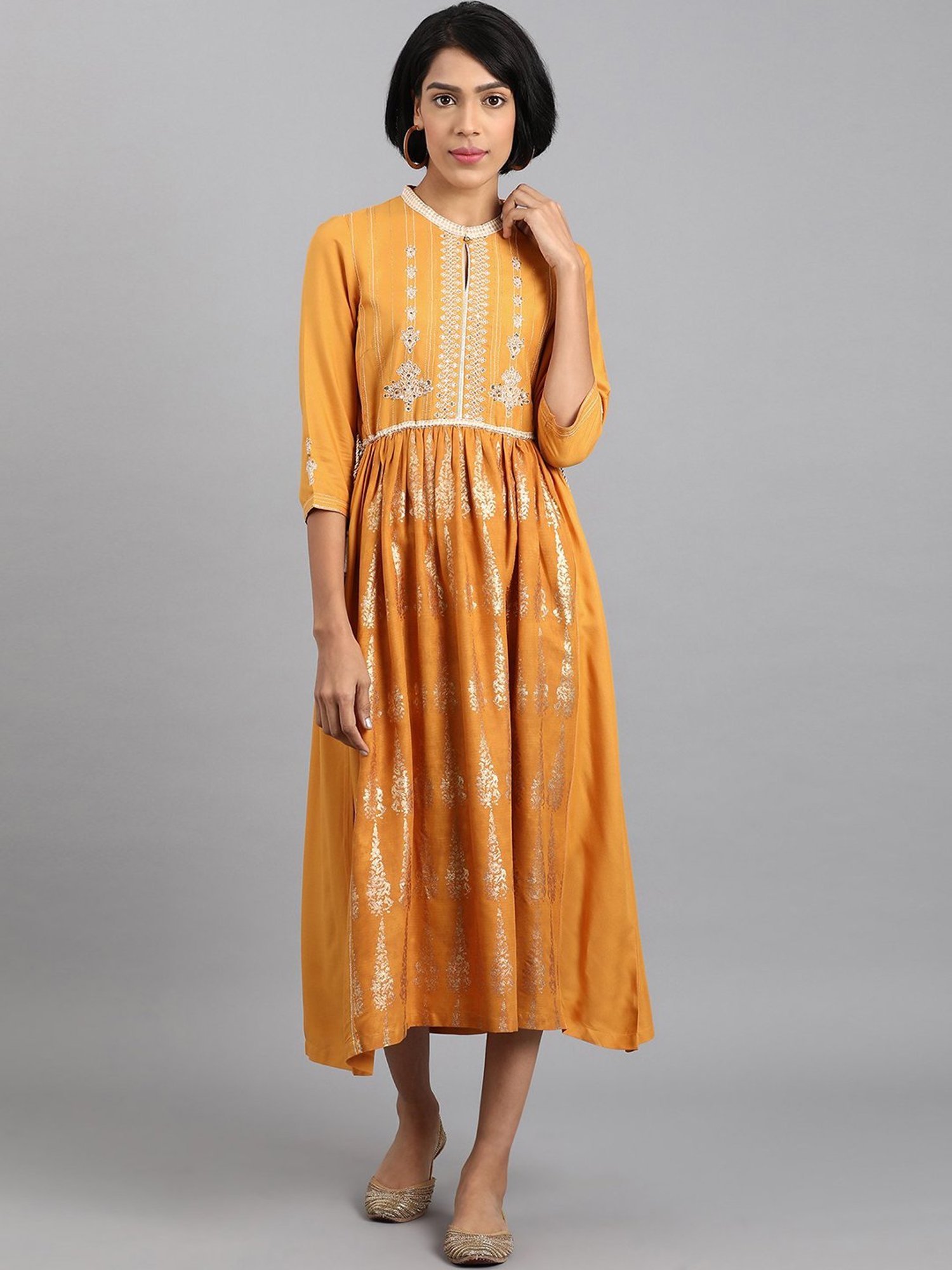 W Yellow Embroidered A-Line Dress