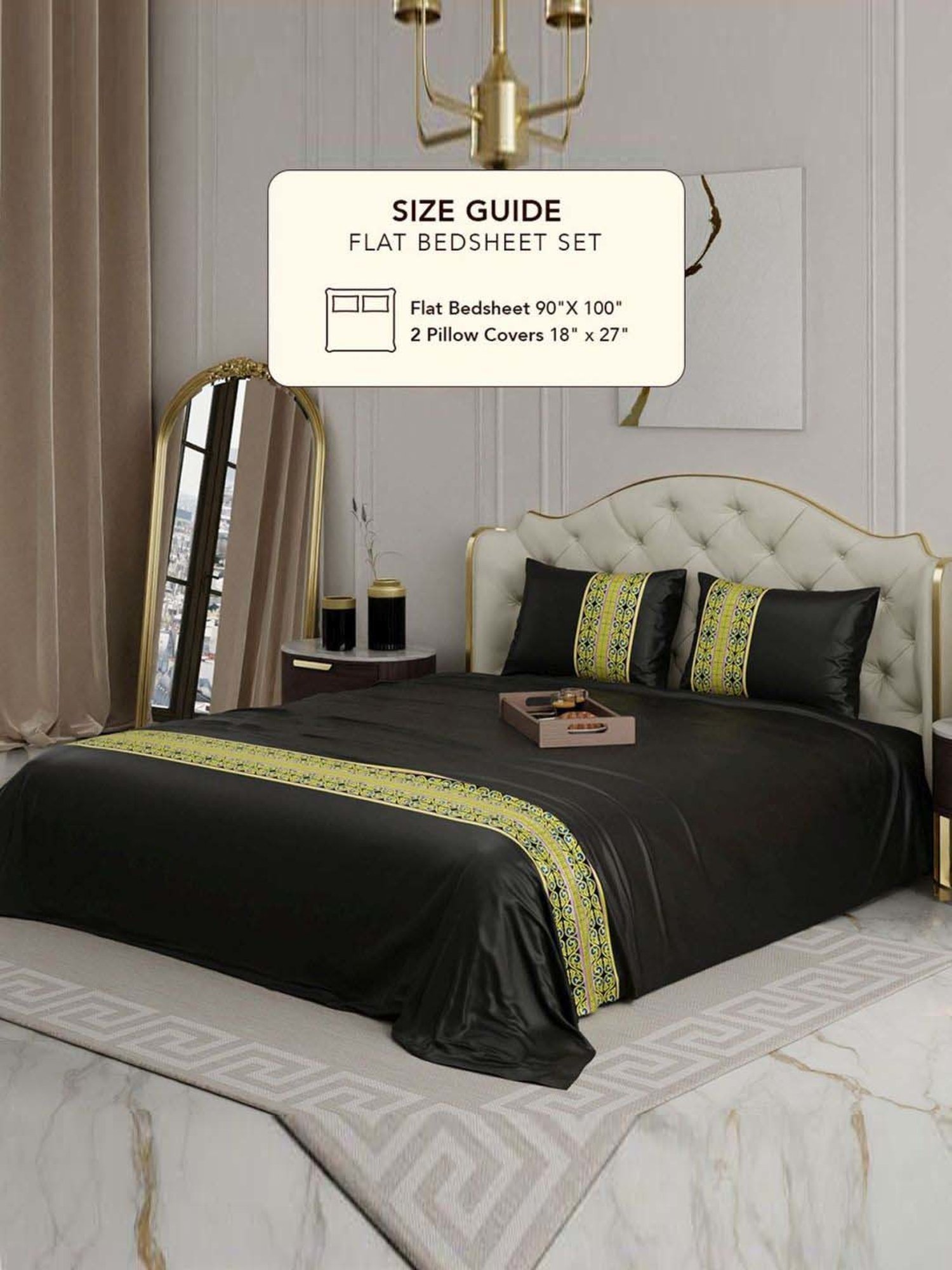 Stoa Paris Versailles Applique Print Black 300 TC Sateen Double Bedsheet with 2 Pillow Covers