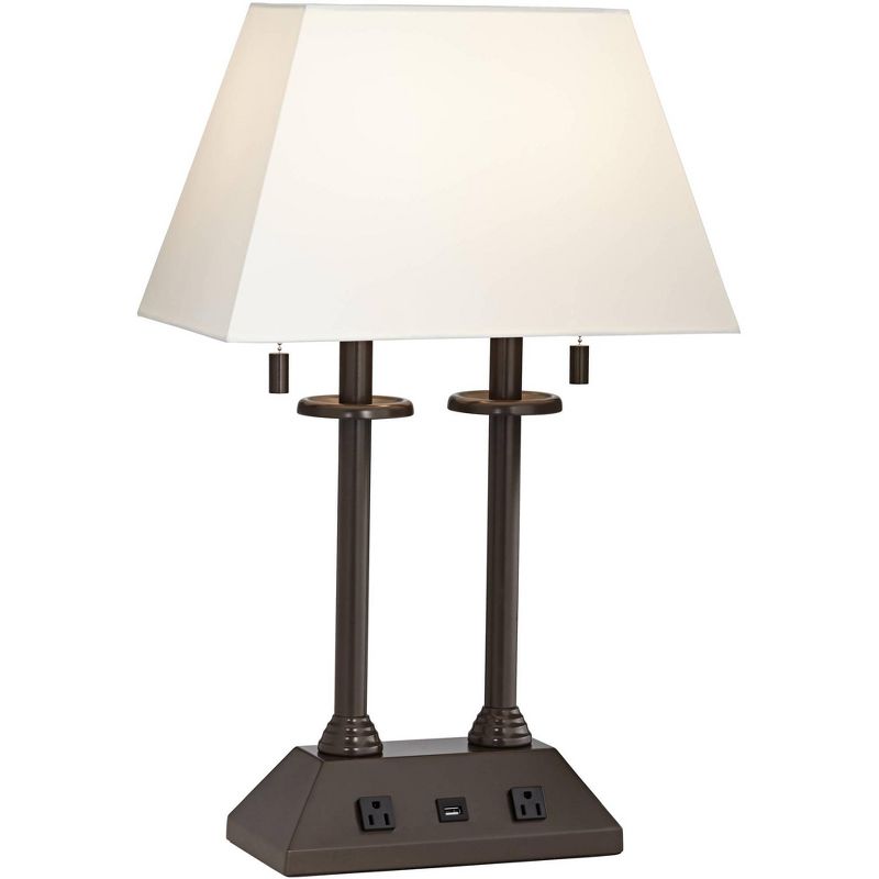 Regency Hill Traditional Desk Table Lamp with Hotel Style USB and AC Power Outlet in Base Bronze Rectangular Fabric Shade for Bedroom Office