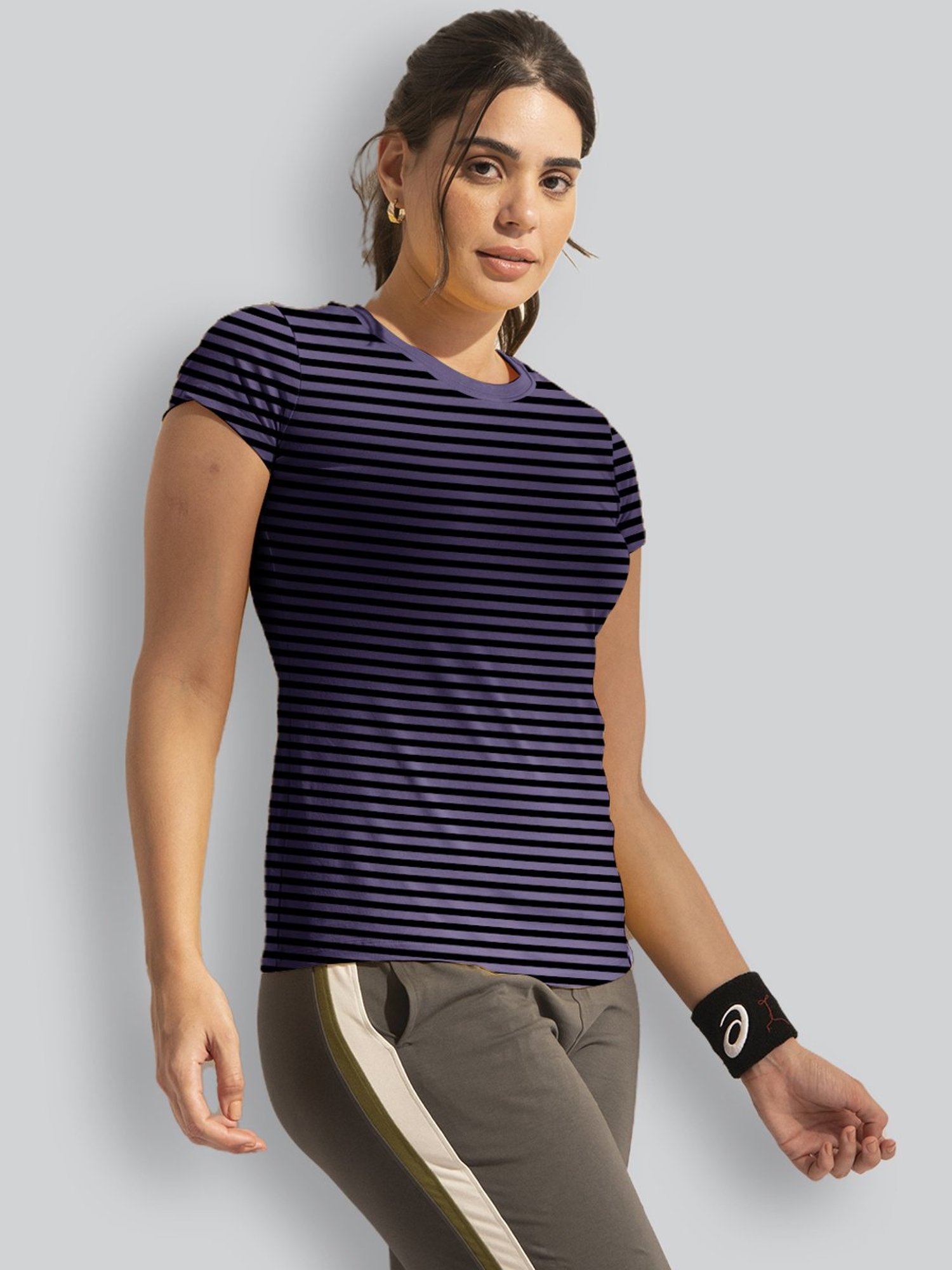 Lyra Purple Cotton Striped T-Shirt