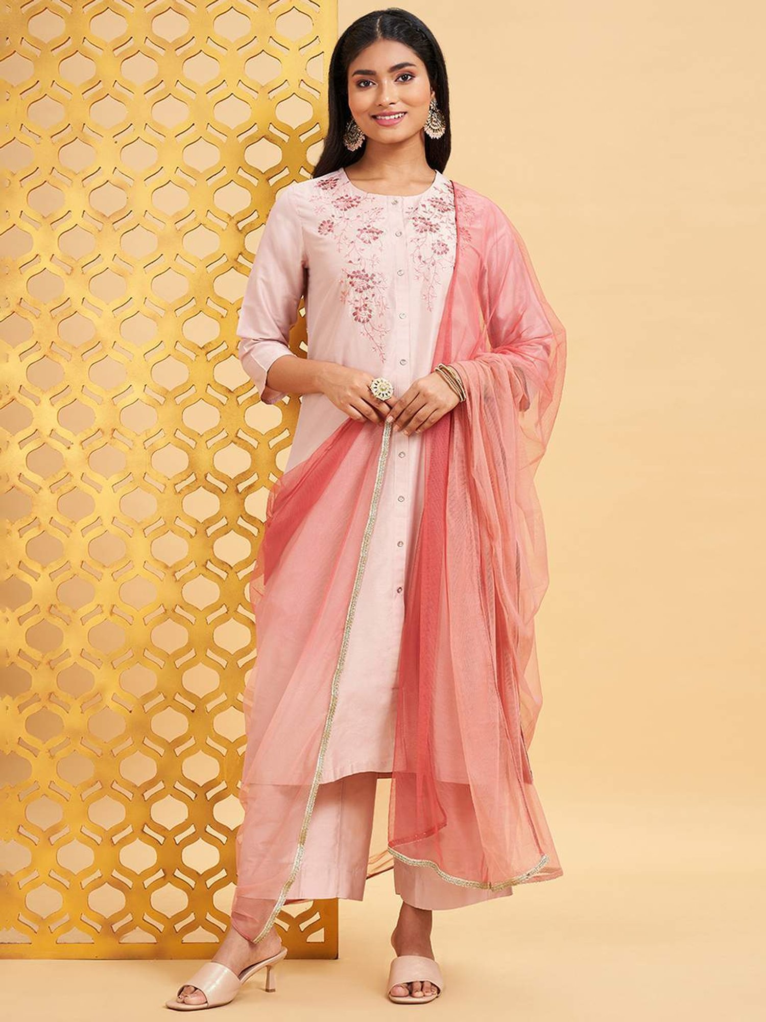 Rangmanch by Pantaloons Peach Embroidered Kurta Palazzo Set With Dupatta