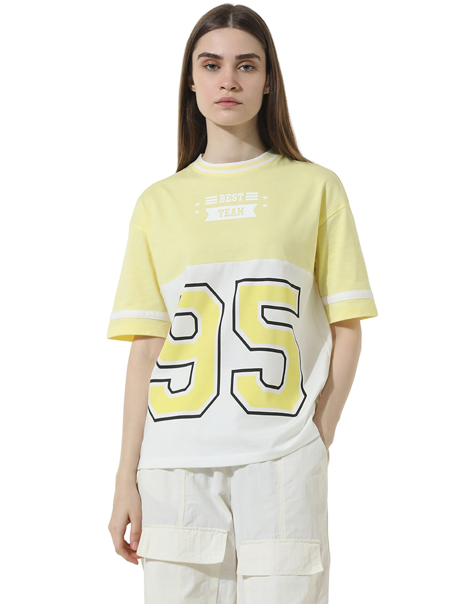 Only Yellow & White Cotton Graphic Print T-Shirt