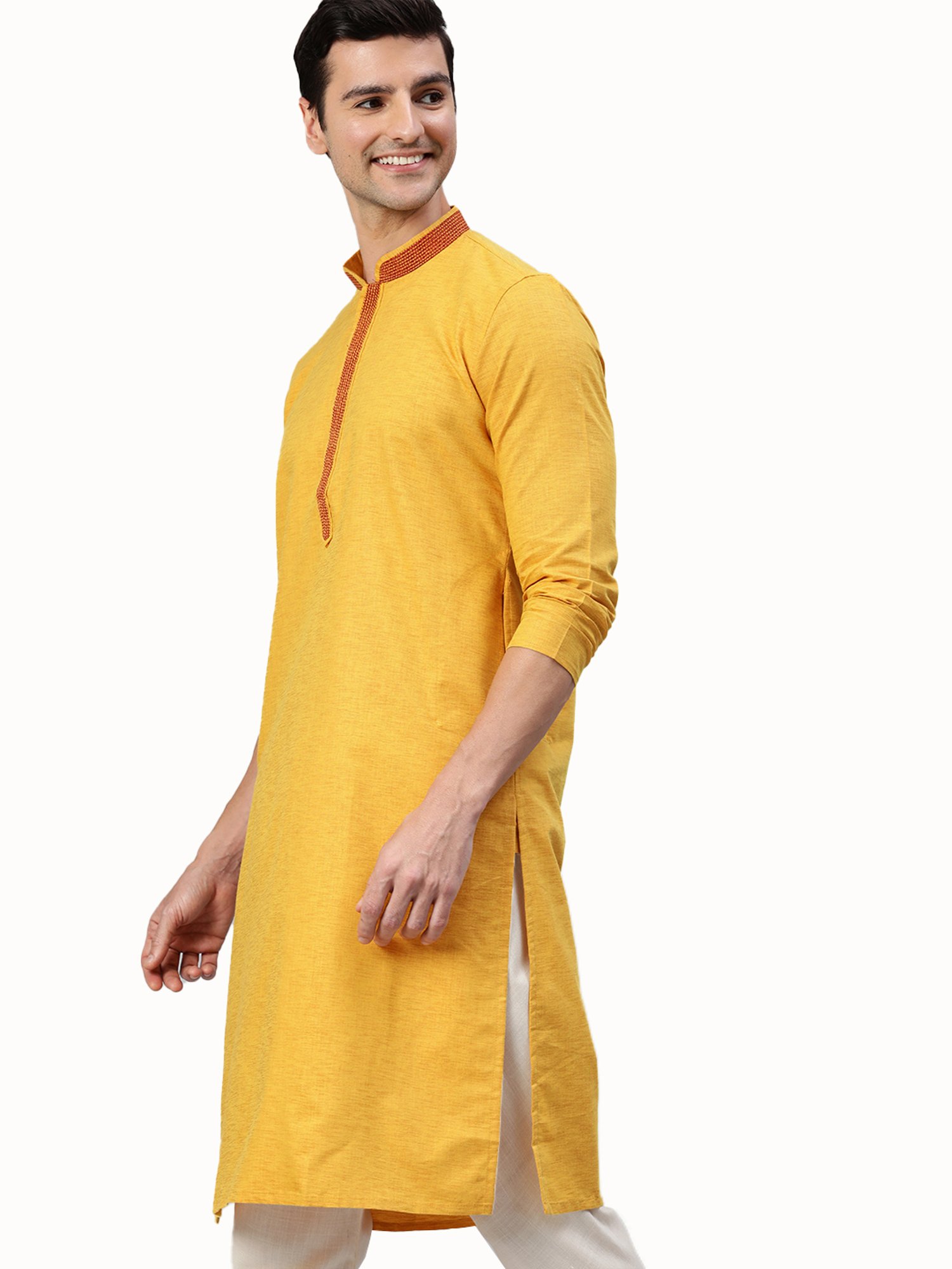 Manthan Mustard Mandarin Collar Kurta