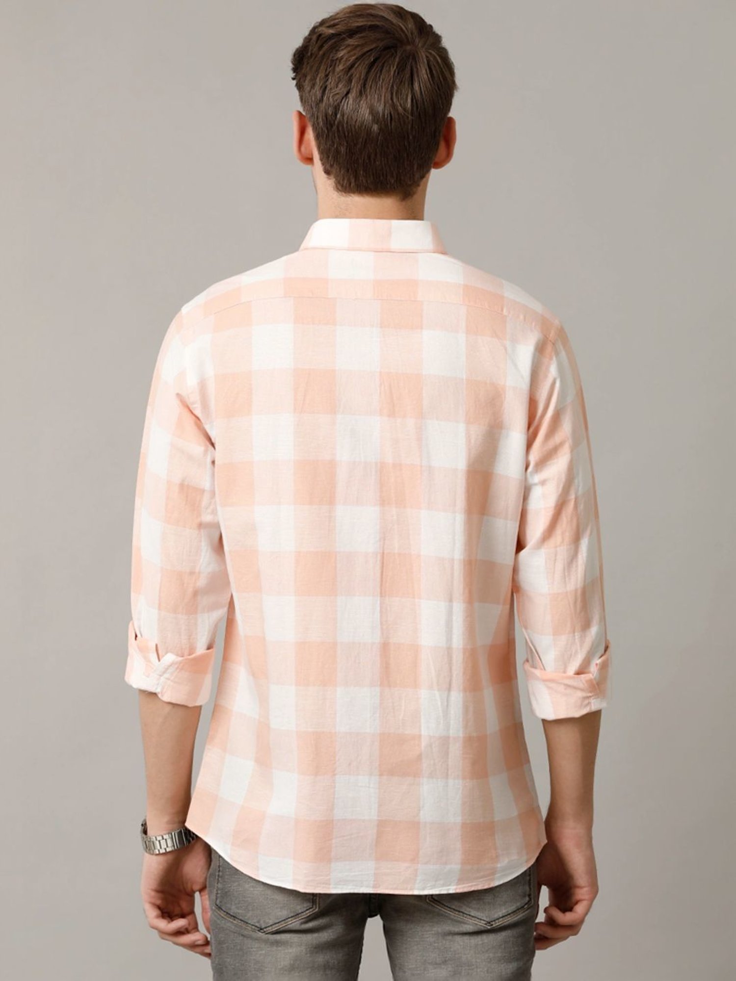 Cavallo By Linen Club Orange Linen Contemporary Fit Checks Shirt