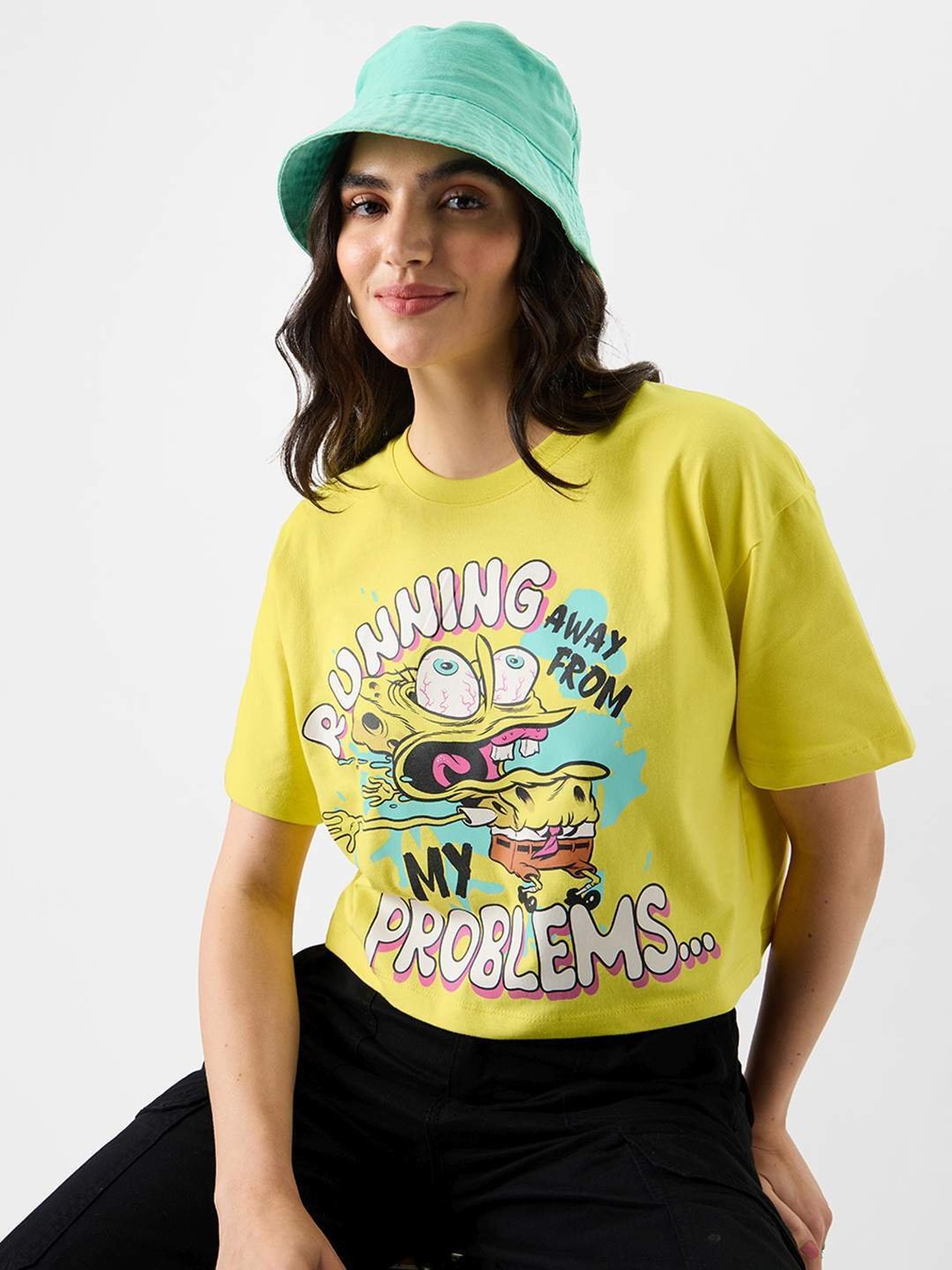 The Souled Store Yellow Cotton Printed Crop T-Shirt