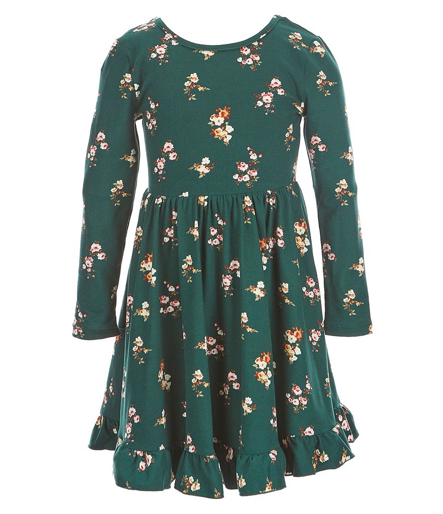 Zunie Little Girls 2T-6X Long-Sleeve Ditsy Printed Ruffled Hem Babydoll Dress