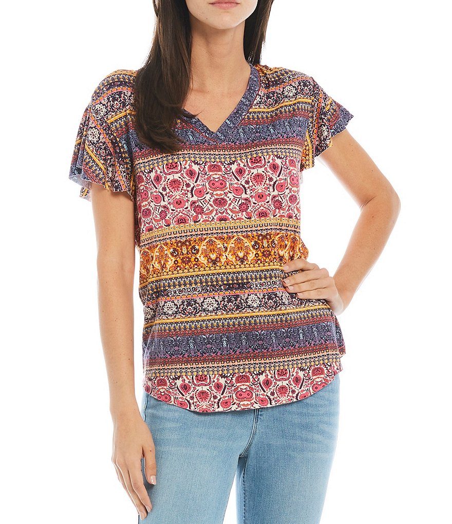 One World Apparel Multi Geo Print Slub Knit V-Neck Flutter Sleeve Drop Shoulder Top