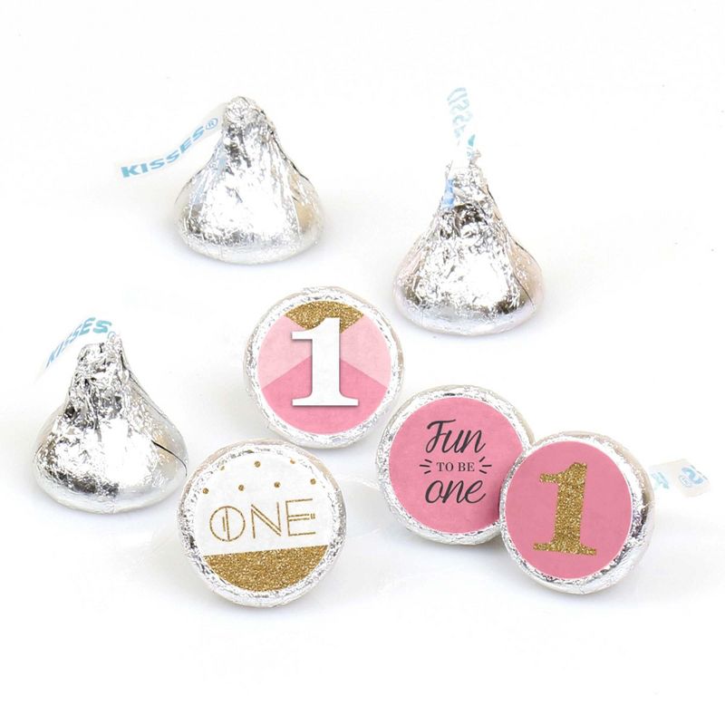 Big Dot of Happiness 1st Birthday Girl Fun to be One - First Birthday Party Round Candy Sticker Favors - Labels Fit Hershey's Kisses (1 sheet of 108)