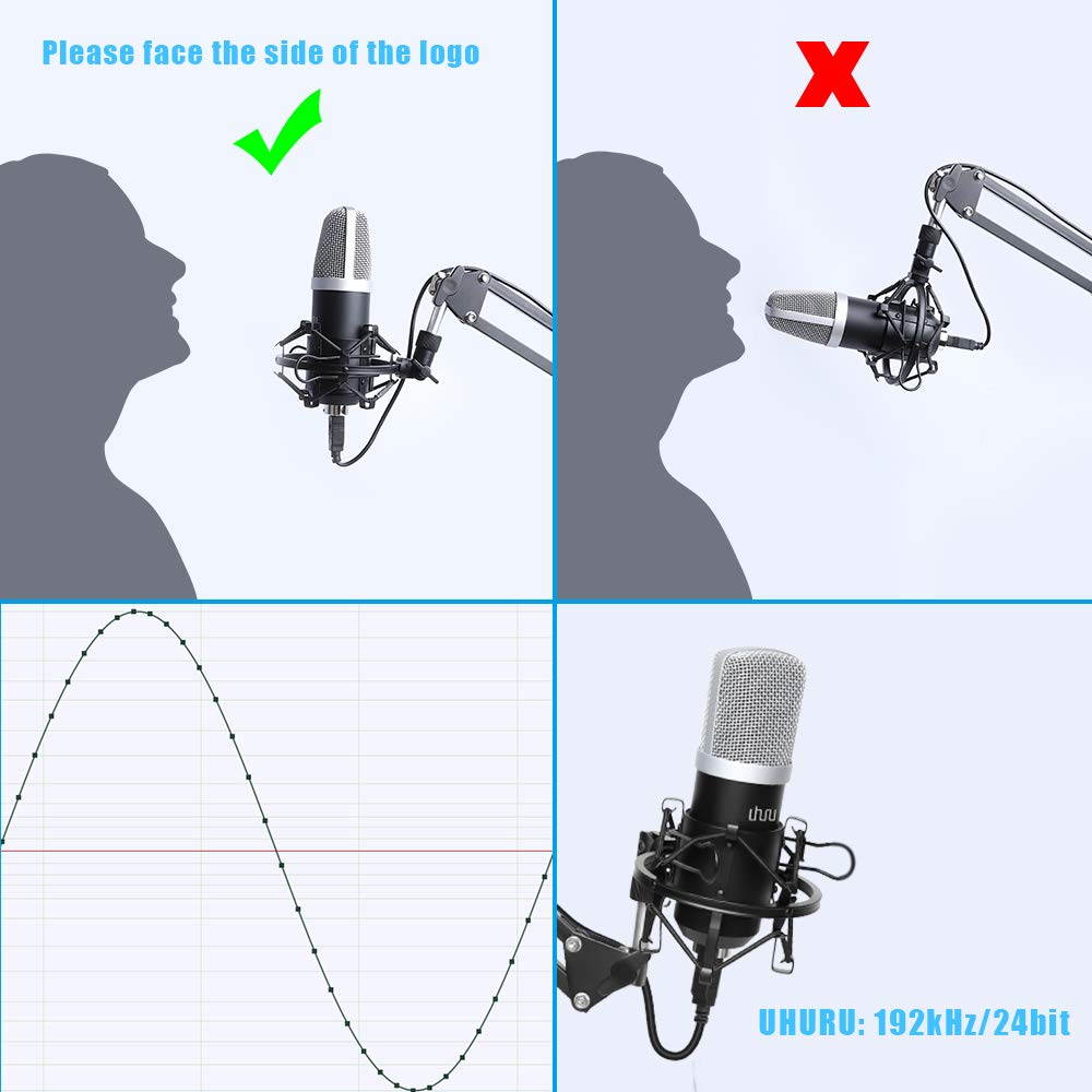 USB Podcast Condenser Microphone 192kHZ/24bit, UHURU Professional PC Streaming Cardioid Microphone Kit with Boom Arm, Shock Mount, Pop Filter and Windscreen, for Broadcasting, Recording, YouTube