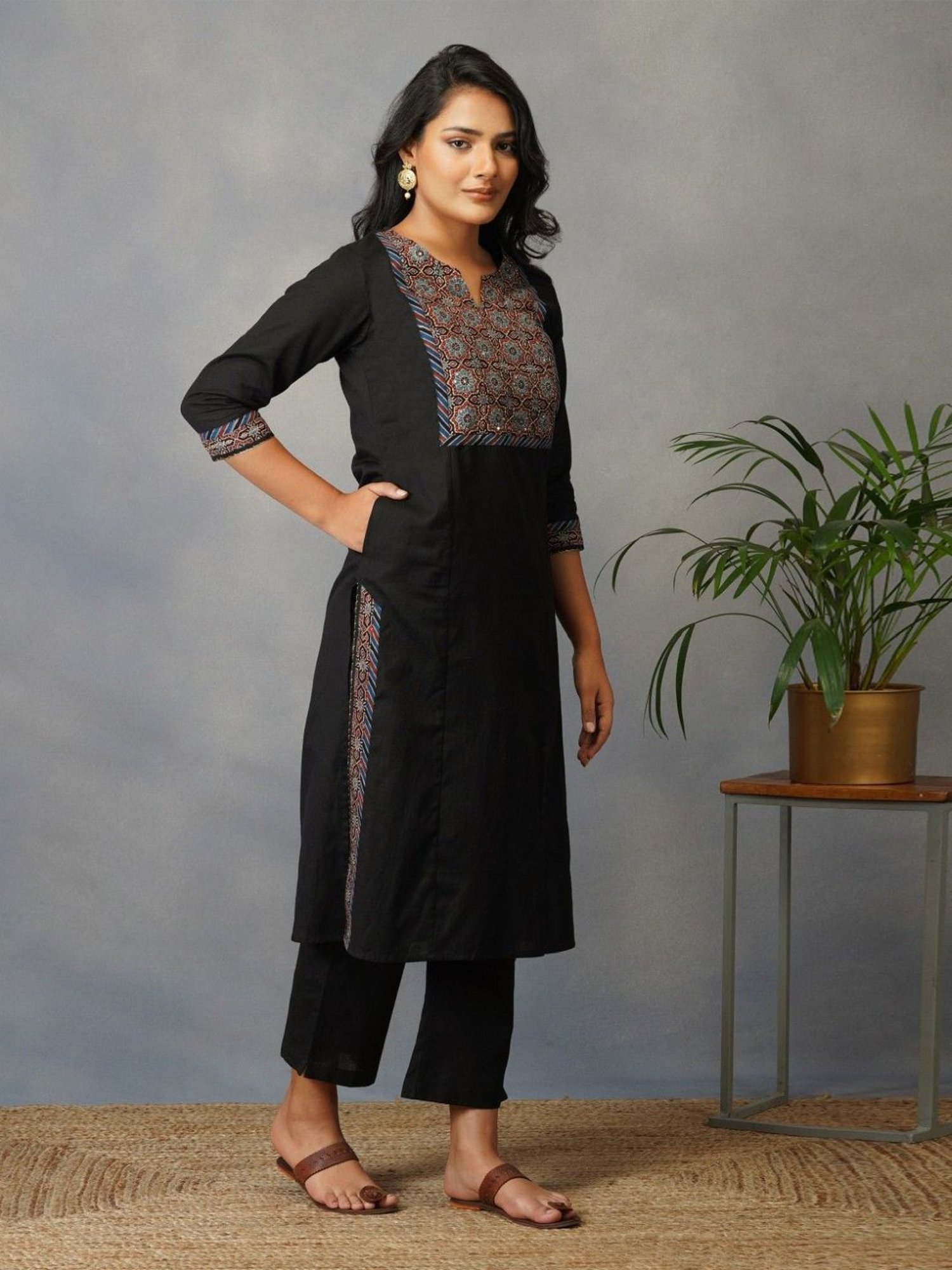 Akiso Bakhair Black Straight Kurta With Ajrak Yoke In Zari Embroidery Set With Pants