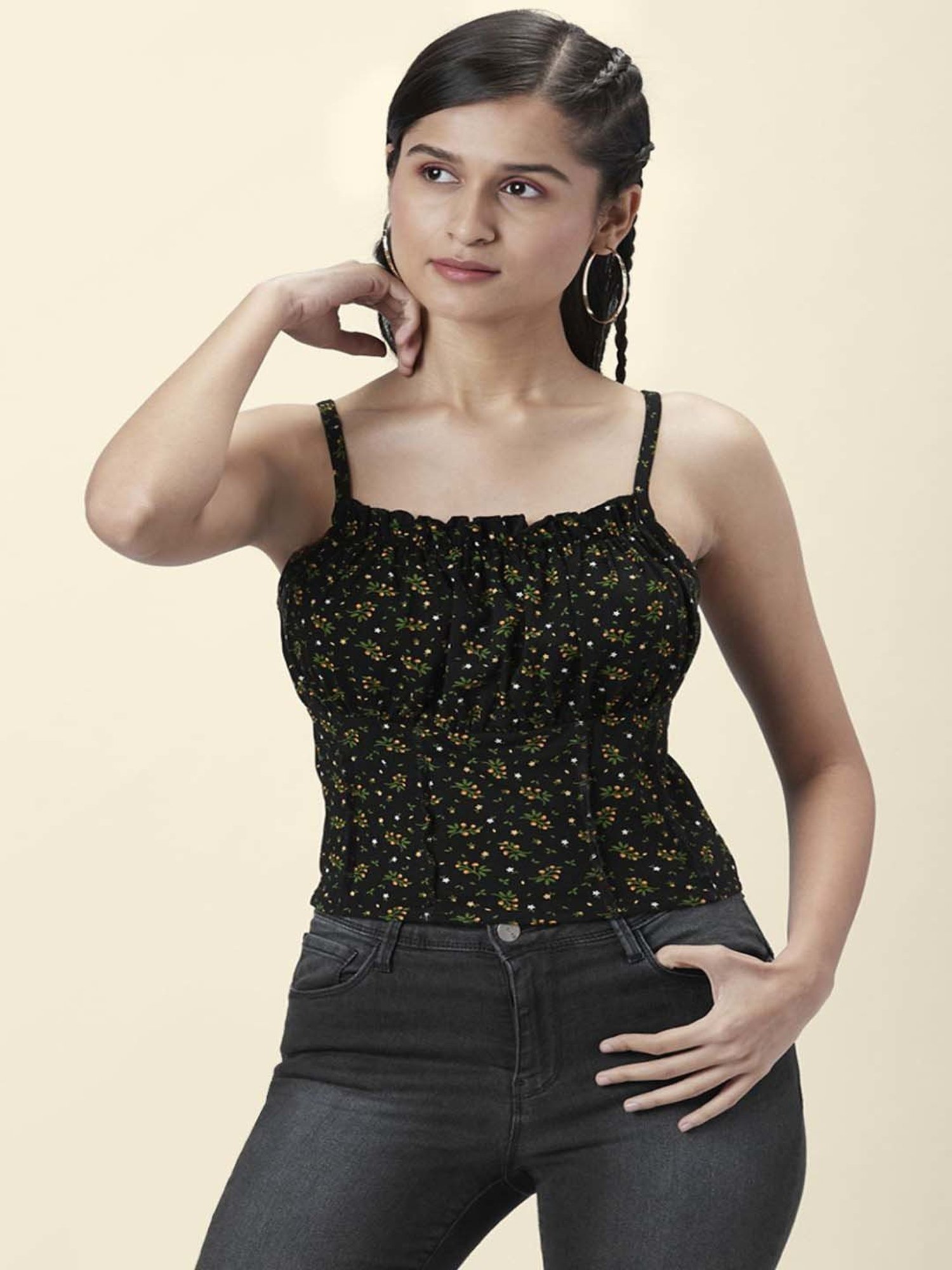 People by Pantaloons Black Cotton Floral Print Crop Top