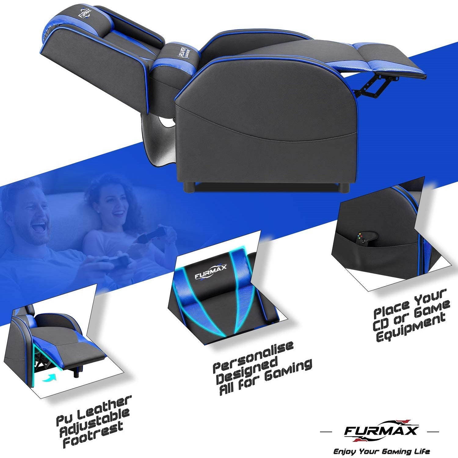 Furmax Gaming Recliner Chair Racing Style Single Ergonomic Lounge Sofa PU Leather Reclining Home Theater Seat for Living Room (Blue)