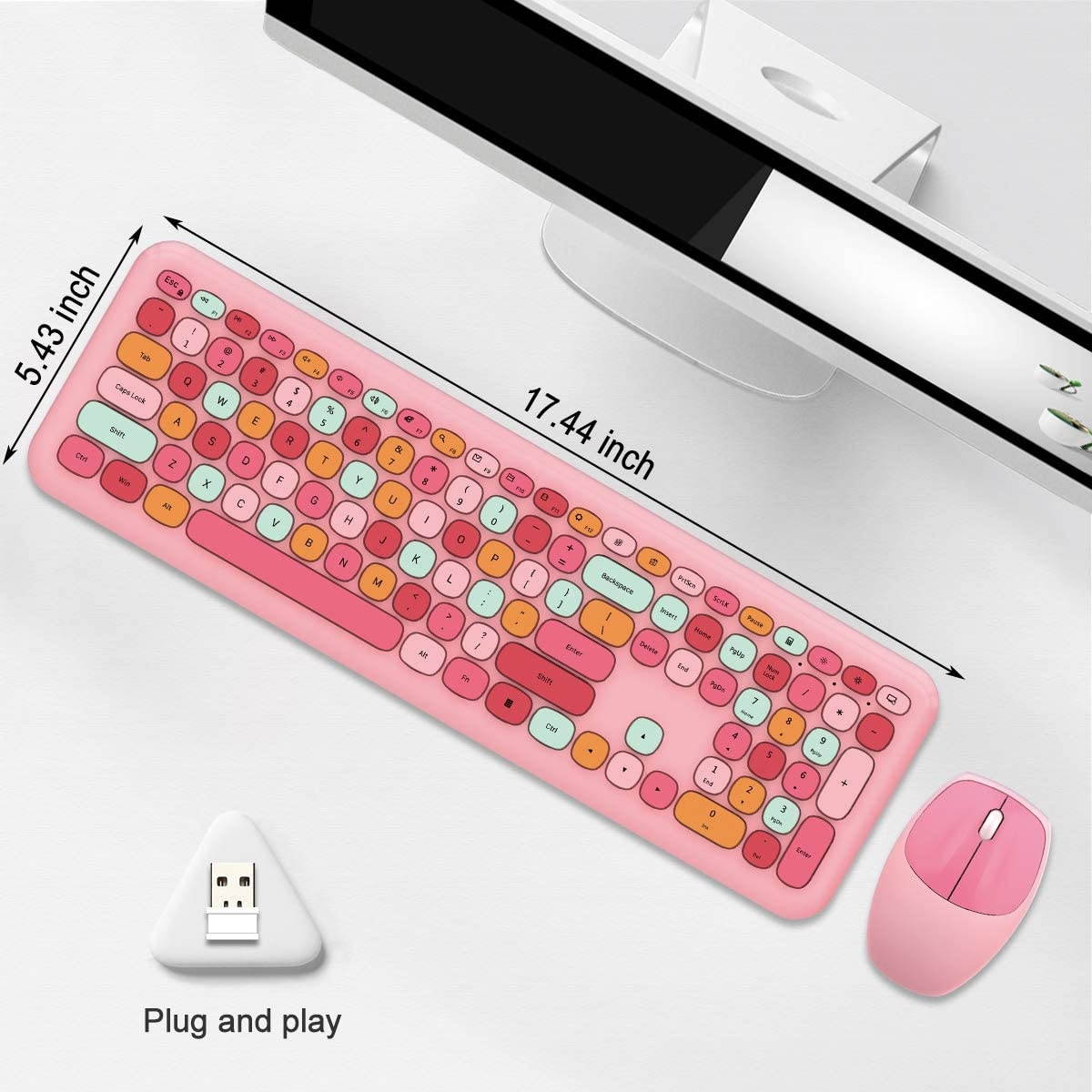 Wireless Keyboard and Mouse Combo, Slim Compact 2.4G USB Full Size Wireless Mouse and Keyboard Combo, Cute 110 Keys Keyboard for PC, MacBook, Tablet, Laptop, Windows System(Pink Colorful)