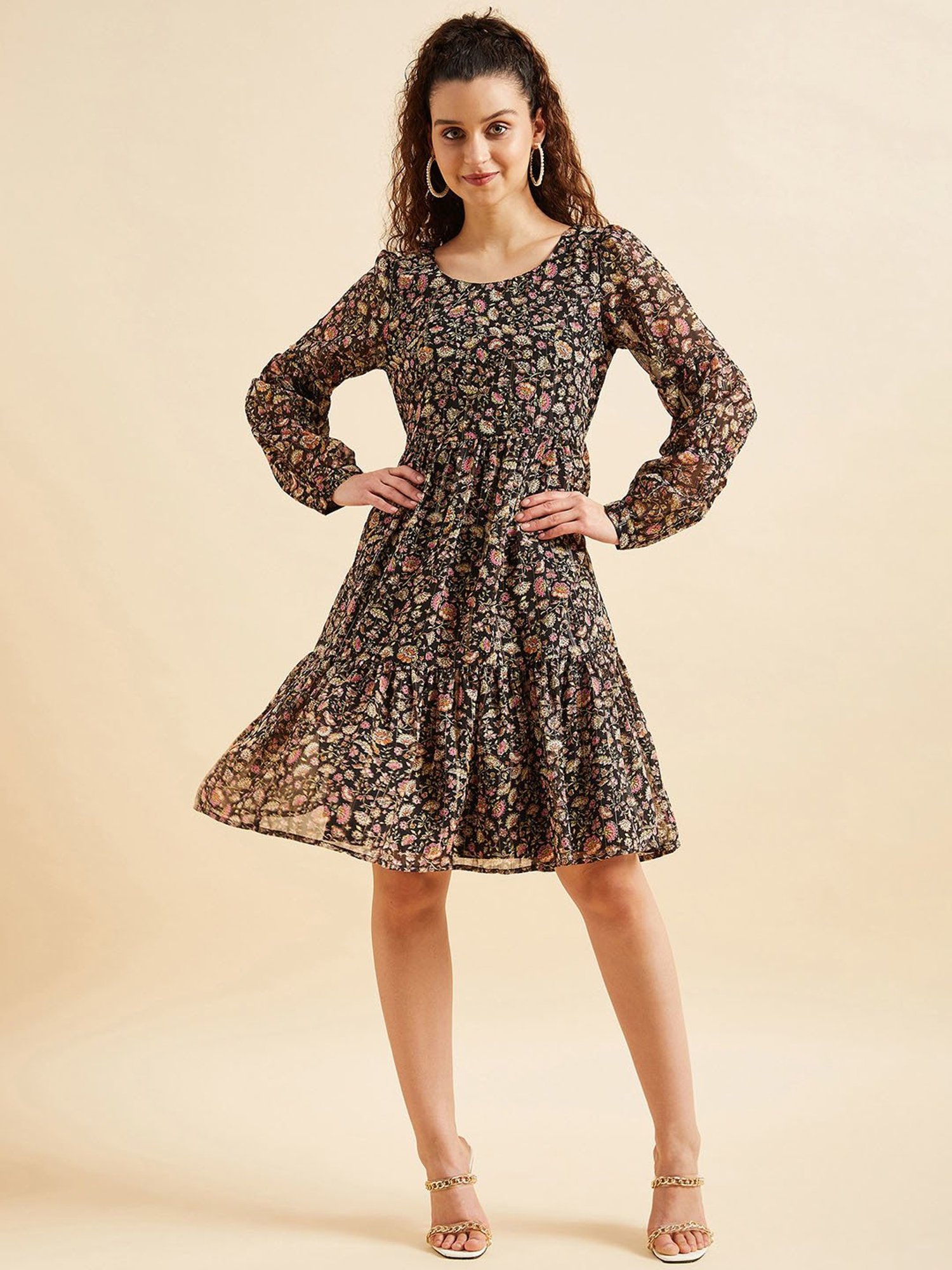 Saffron Threads Black Cotton Floral Print Ethnic Dress