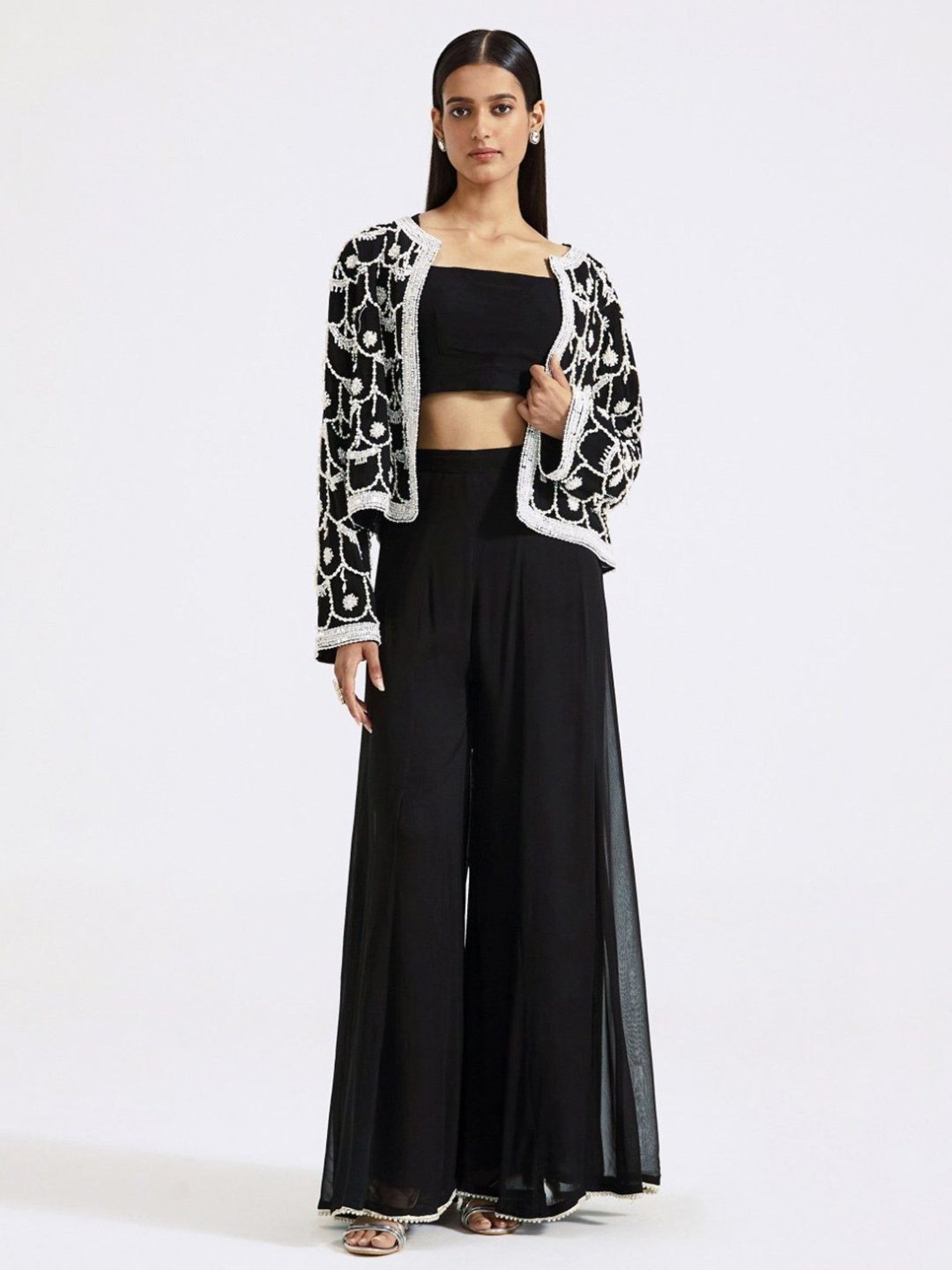 Basanti Kapde aur Koffee Black Evolve Georgette Jacket with Sharara and Bustier