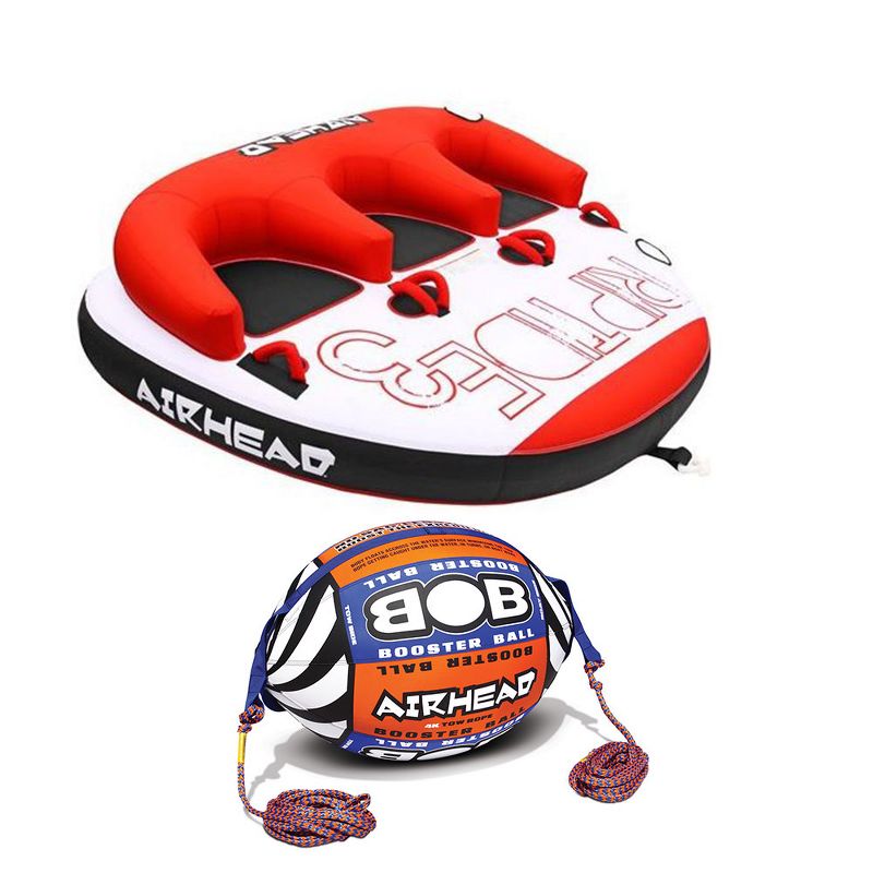Airhead Triple Rider Inflatable Tube & Tow Rope w/ Inflatable Buoy Booster Ball