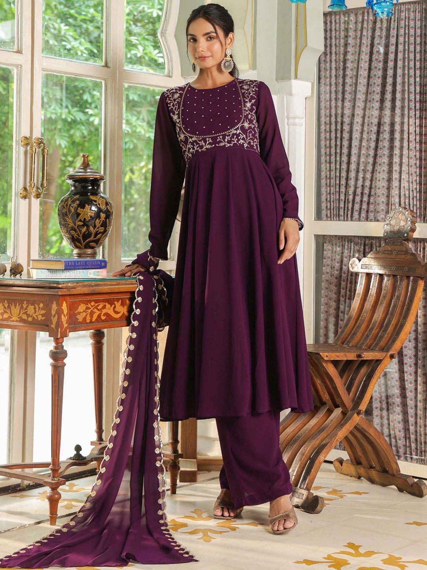 Janasya Purple Embroidered Kurta Palazzo Set With Dupatta