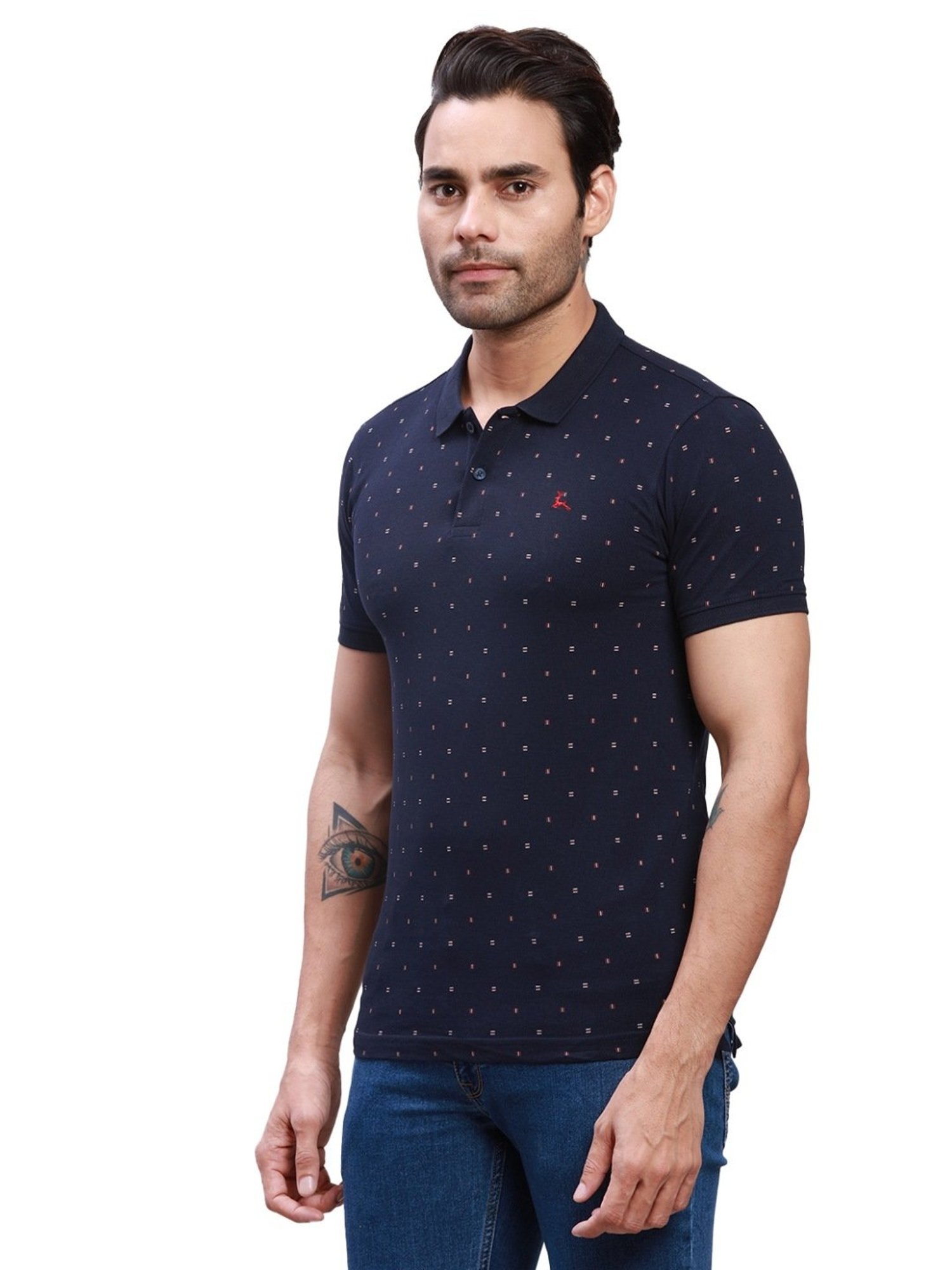 Parx Navy Cotton Regular Fit Printed Polo T-Shirt