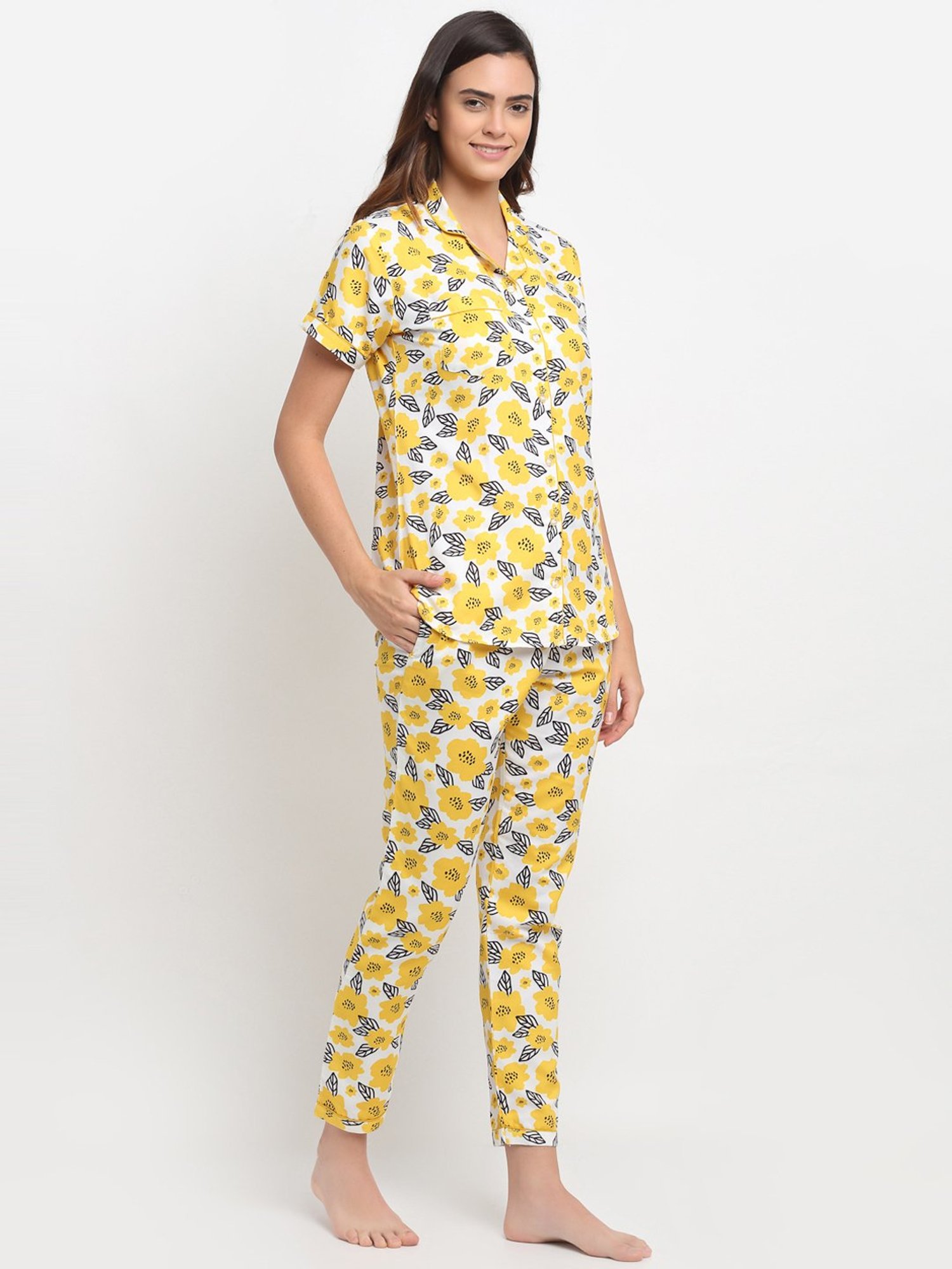 Erotissch White & Yellow Floral Print Shirt Pyjama Set