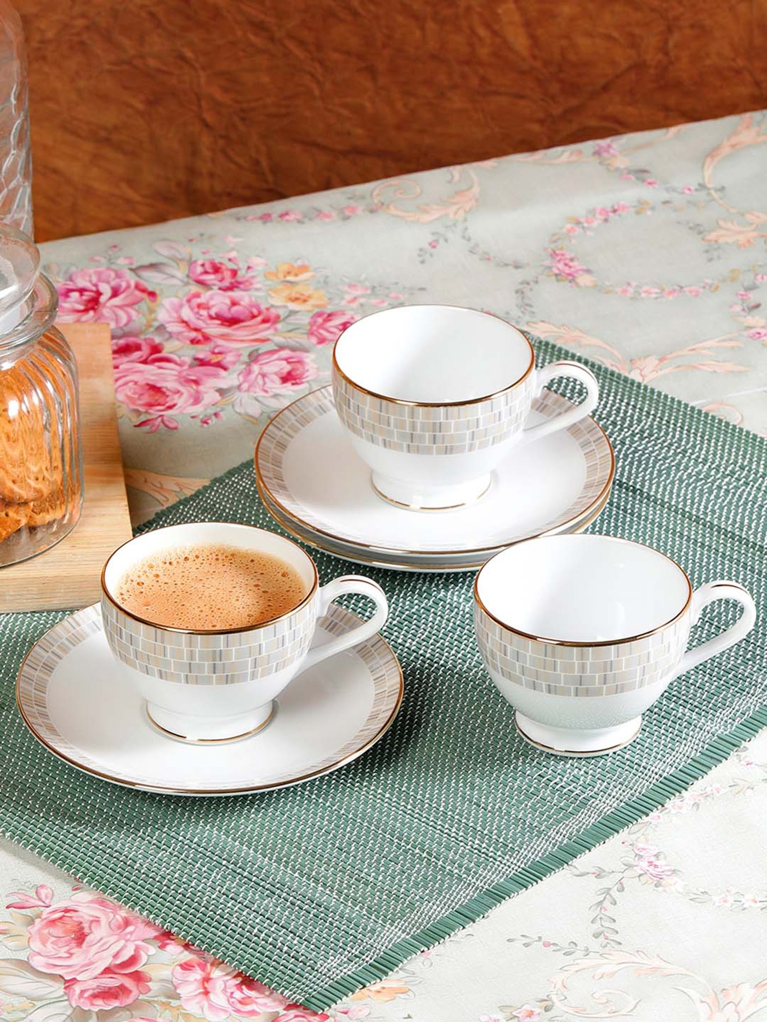 NORITAKE Ville De Lumiere Off-White & Brown Porcelain 0.215 L Tea Set (6 Tea Cups & 6 Tea Saucers)