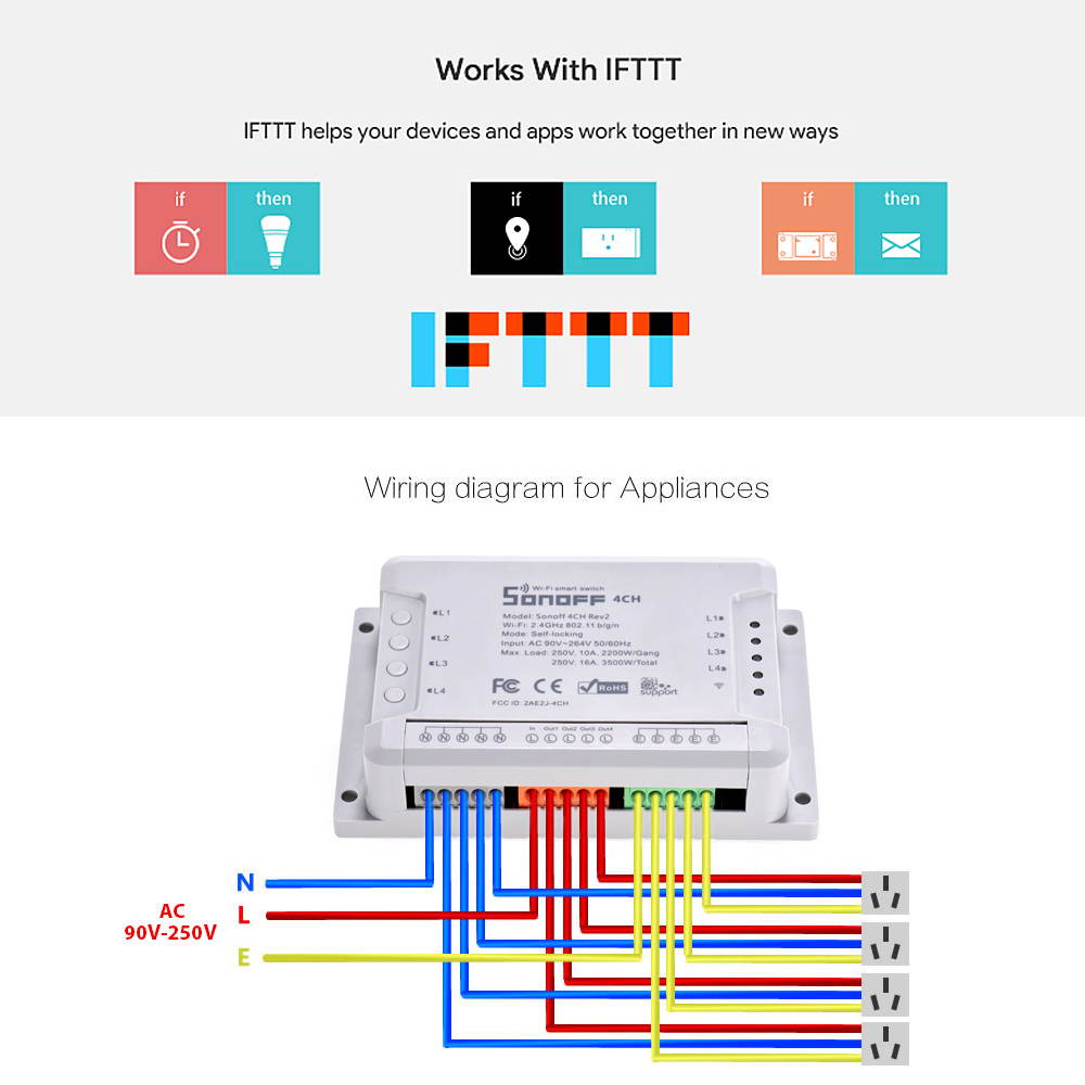 Sonoff 4CH R2 Wifi Light Smart Switch 4 Gangs 4 Channels Electronic Switch iOS Android APP Control Compatible With Google Alexa Google Home