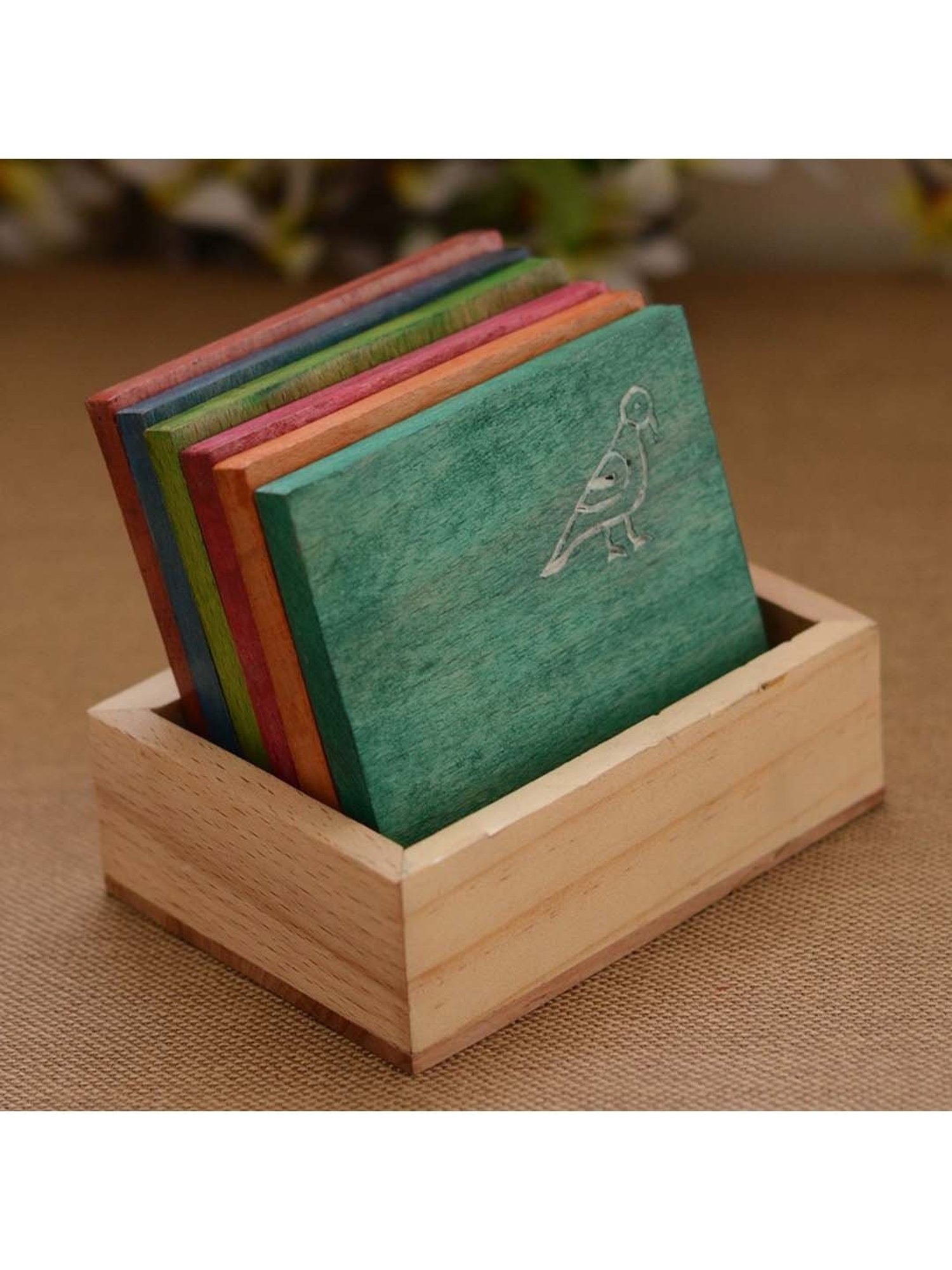 Unravel India Multicolor Wood Coaster with Base Stand - Set of 6