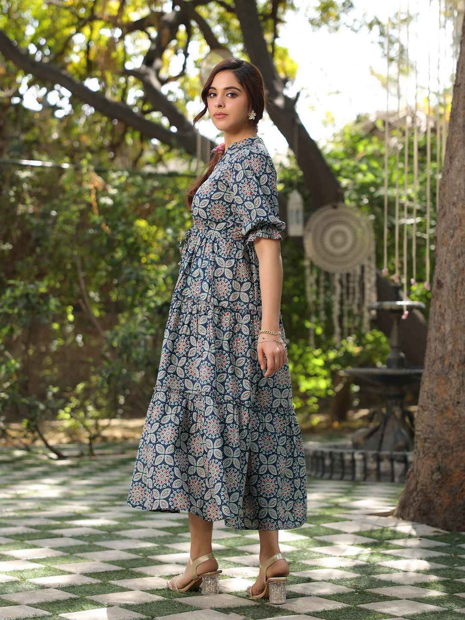 Rain and Rainbow Blue Cotton Printed A-Line Dress