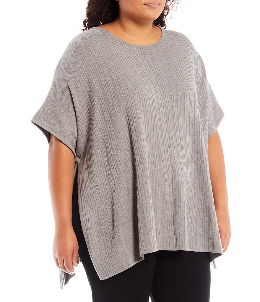 Ming Wang Plus Size Tonal Jewel Neck Short Sleeve Side Slit Knit Poncho Top