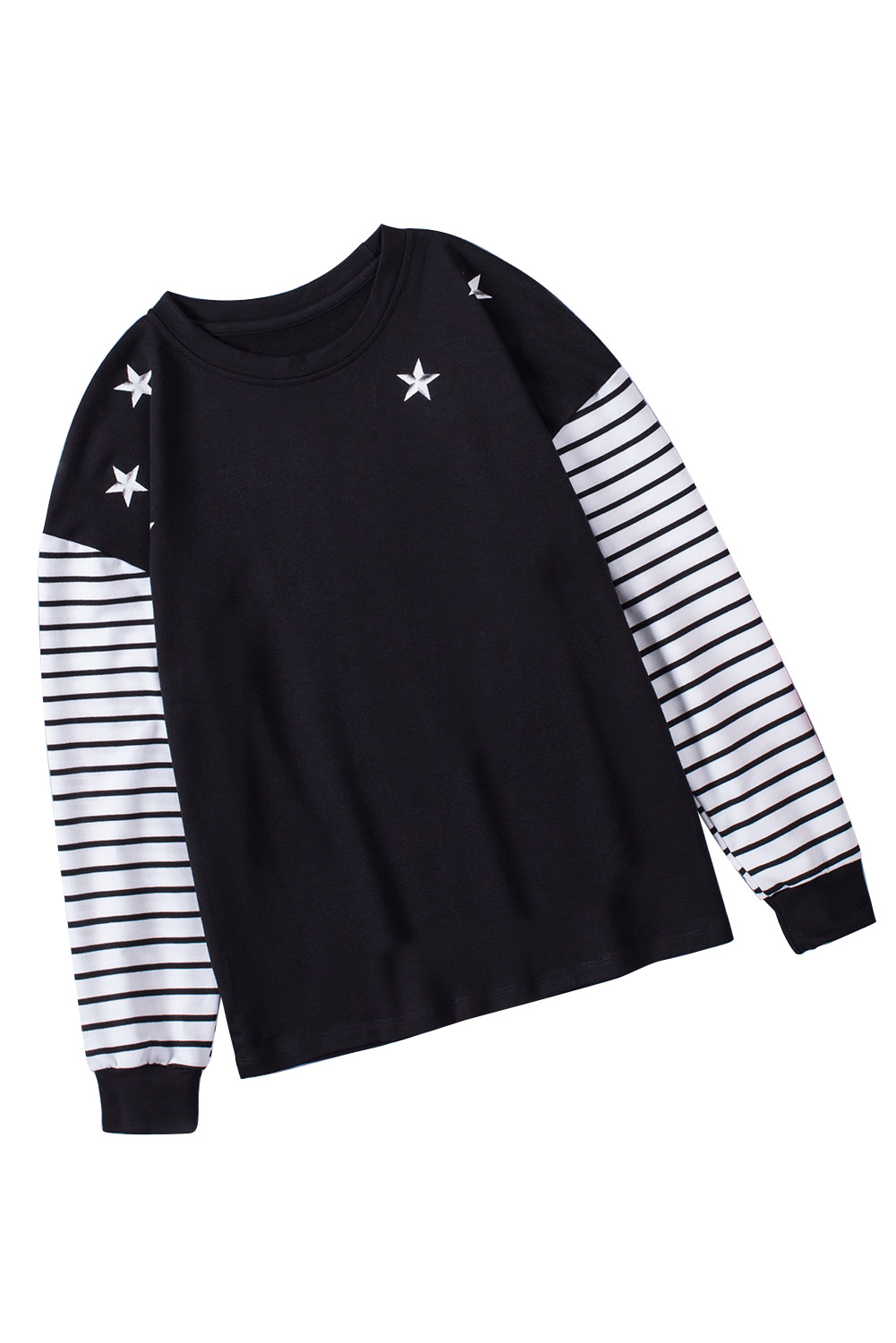 Blank Sweatshirt - Black Striped and Stars Print Long Sleeve T-Shirt Customized