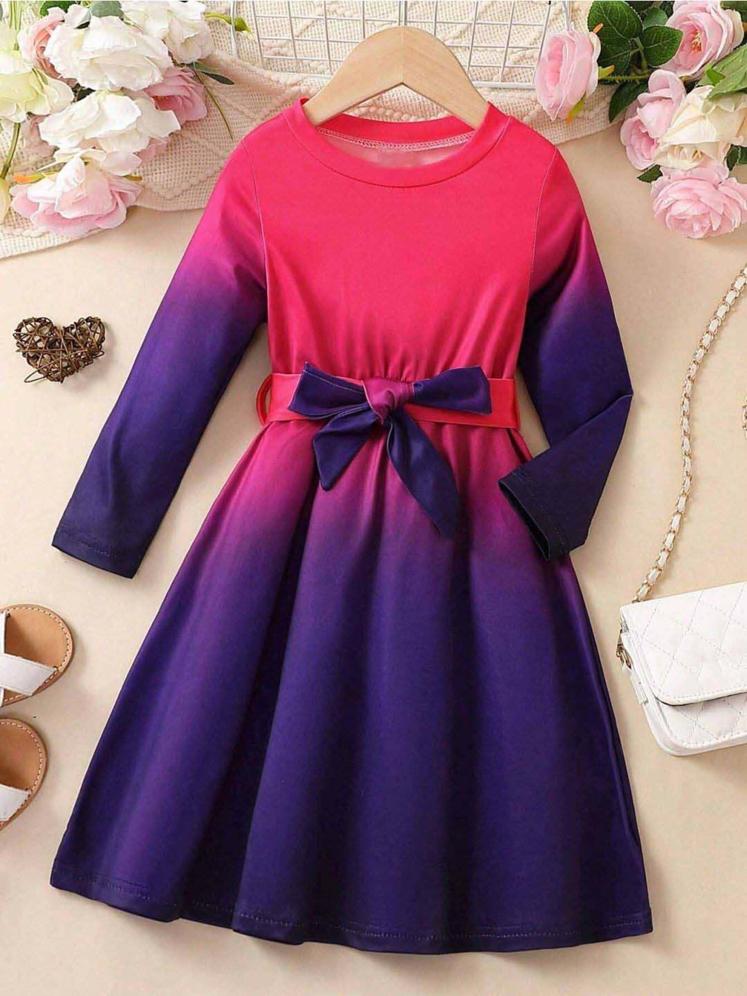 Bolly Lounge Girls Pink & Blue Solid Full Sleeves Dress