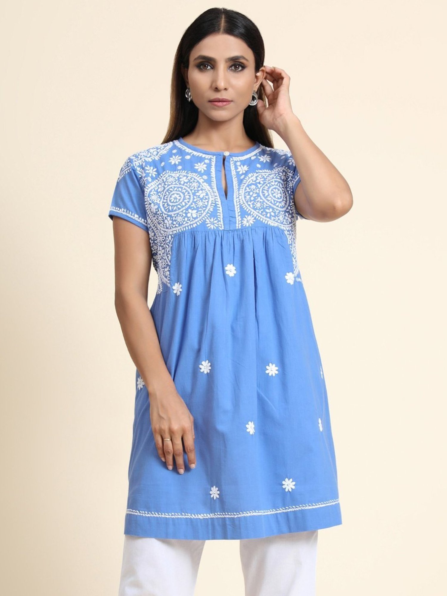 House Of Kari HOK Chikankari Tunic Women Light Blue