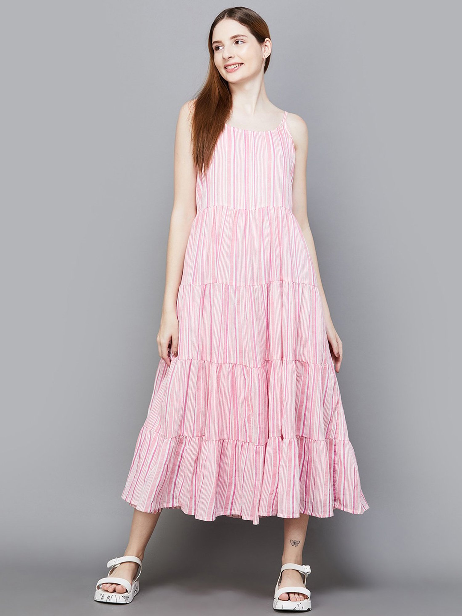 Colour Me by Melange Pink Cotton Striped A-Line Dress