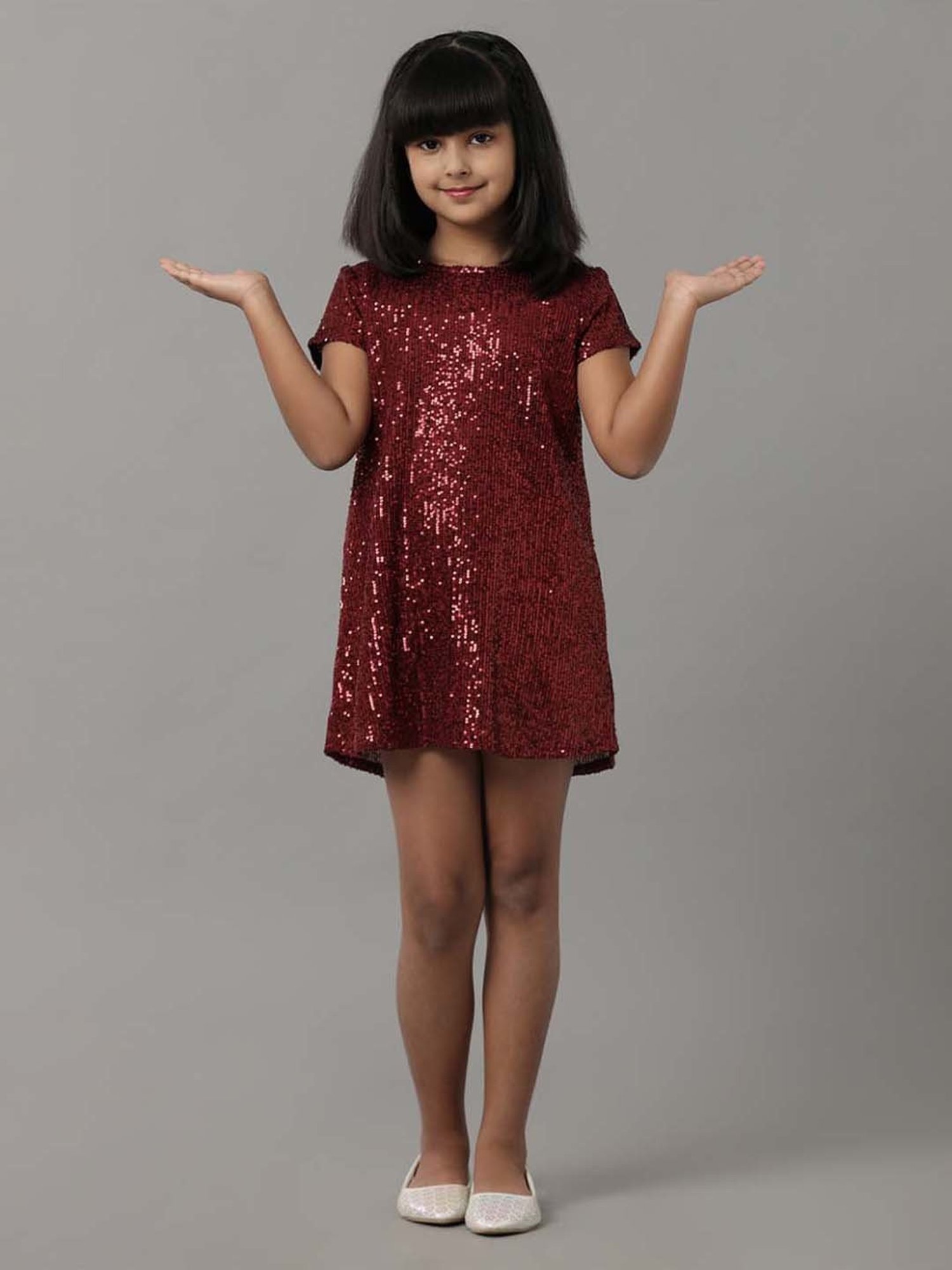 Under Fourteen Only Kids Maroon Embellished Dress