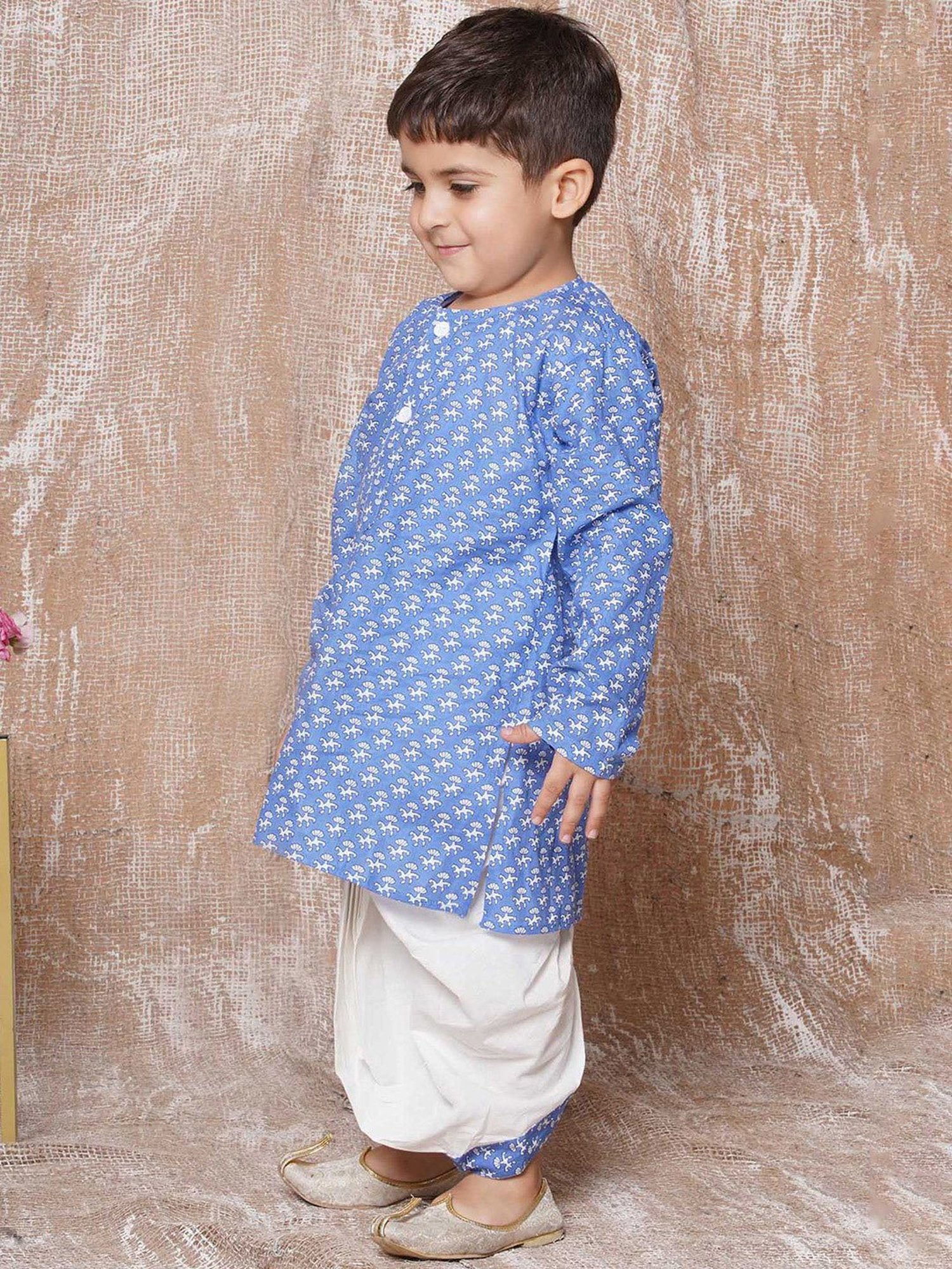 AJ Dezines Kids Blue & White Printed Full Sleeves Kurta with Dhoti