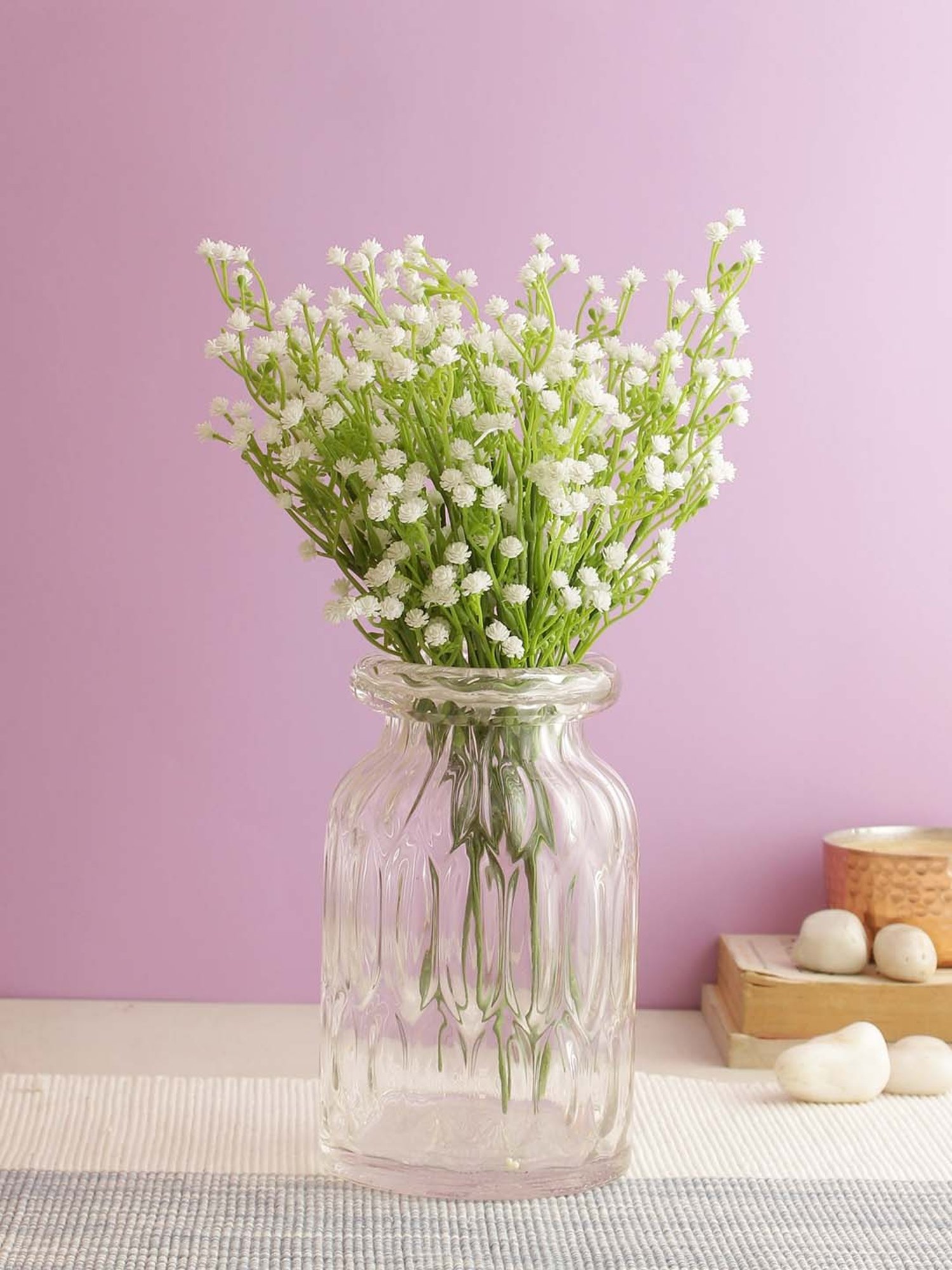 Aapno Rajasthan White & Green Plastic Bunch of Real Alike Gypsophila Flowers - Set of 4