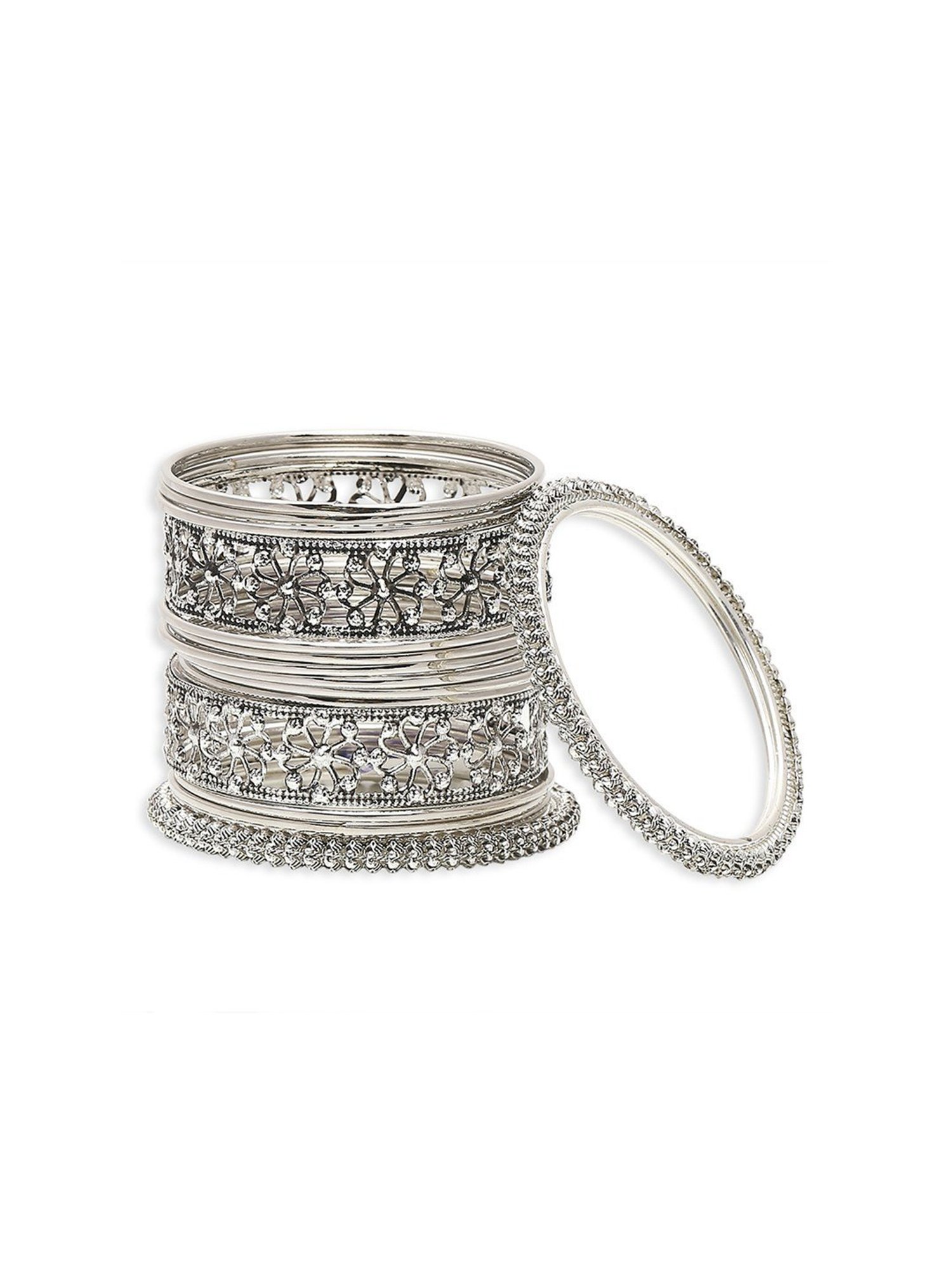 Oomph Oxidized Silver Floral Design Classic Bangles - Set of 16